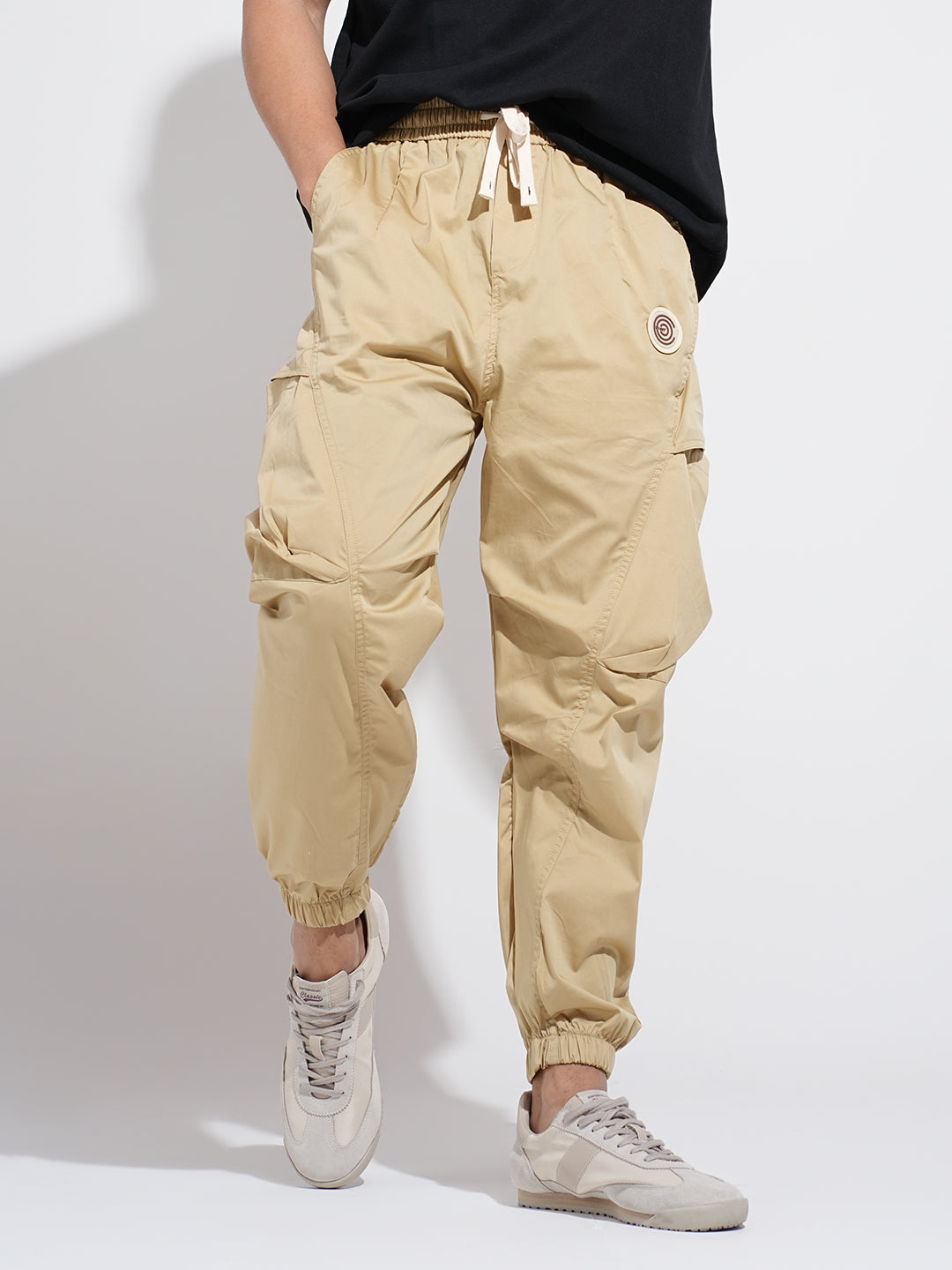 Men's Beige Relaxed Fit Knee Panelled Joggers