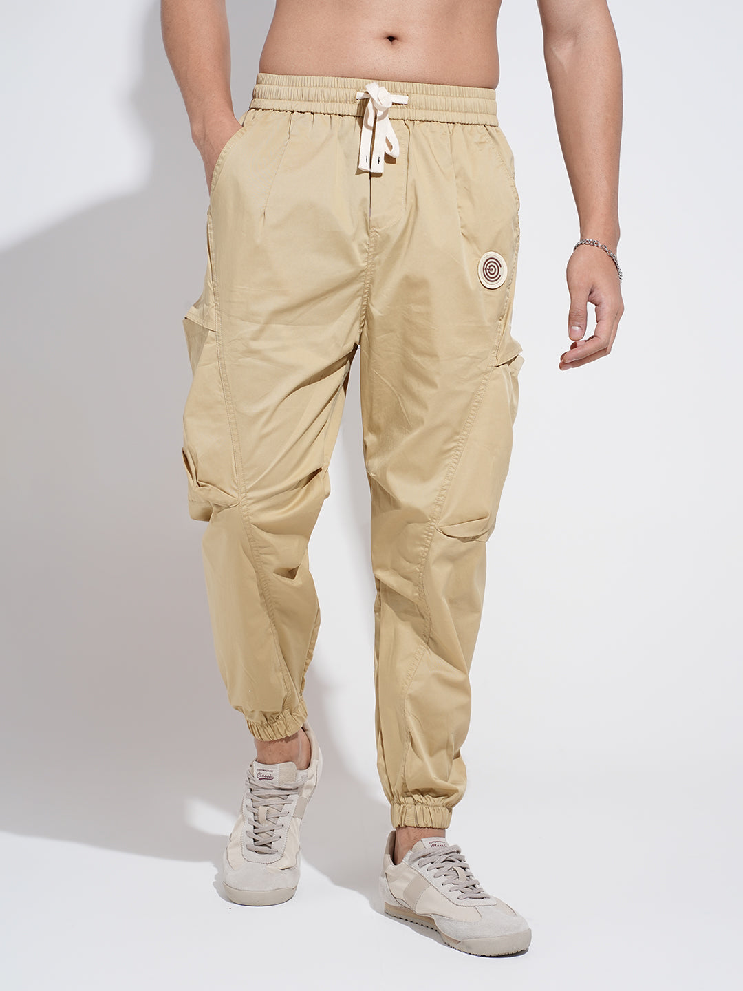 Men's Beige Relaxed Fit Knee Panelled Joggers