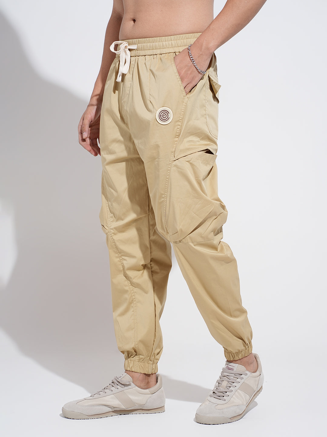Men's Beige Relaxed Fit Knee Panelled Joggers