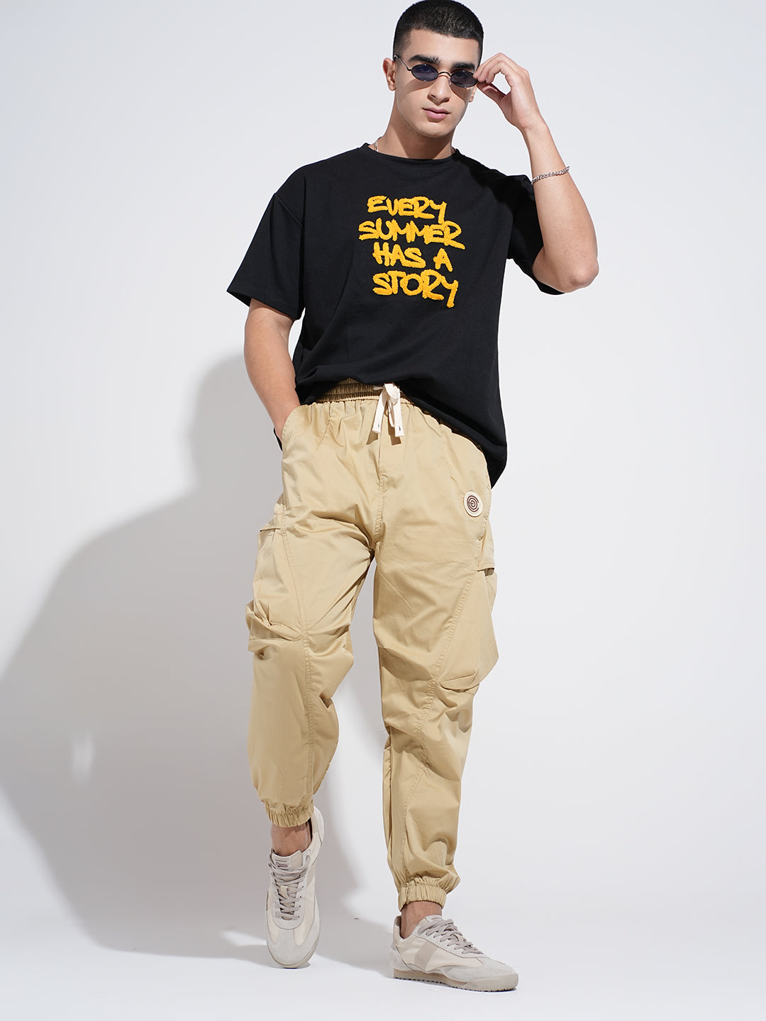 Men's Beige Relaxed Fit Knee Panelled Joggers