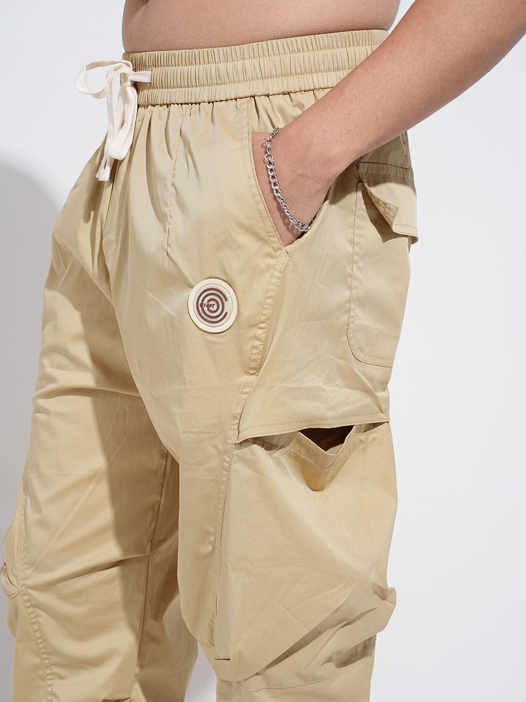 Men's Beige Relaxed Fit Knee Panelled Joggers
