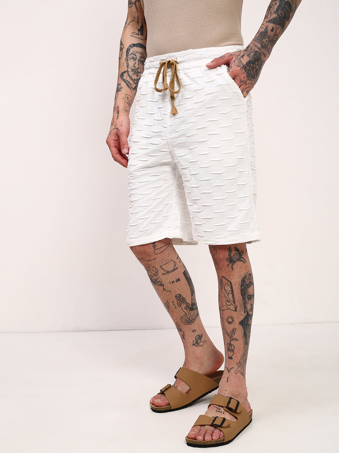 Men White Solid Shorts