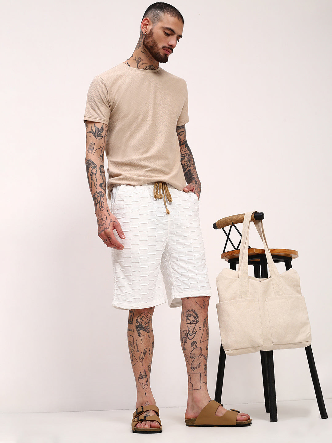 Men White Solid Shorts