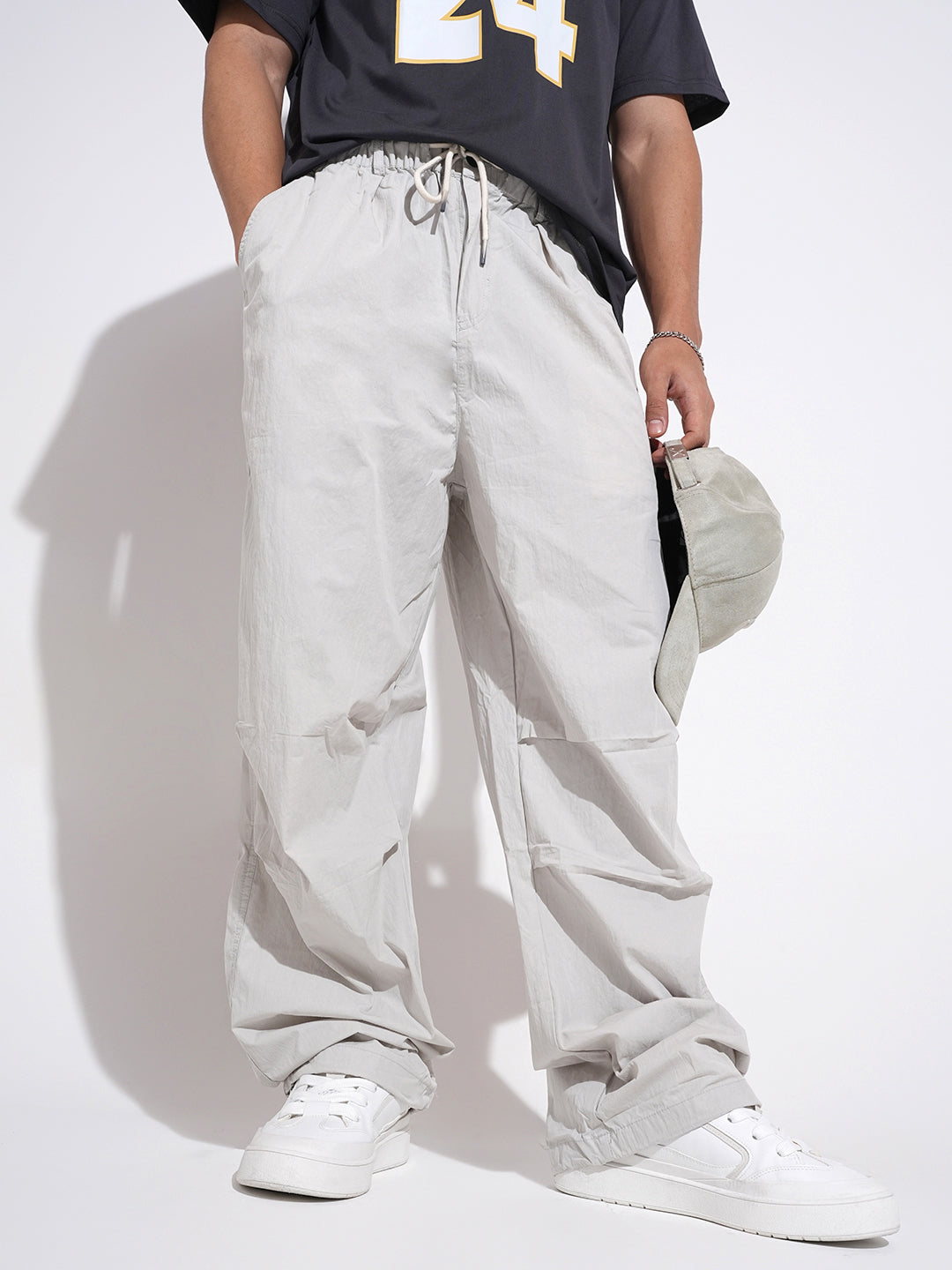 Men's Grey Loose Fit Parachute Trousers