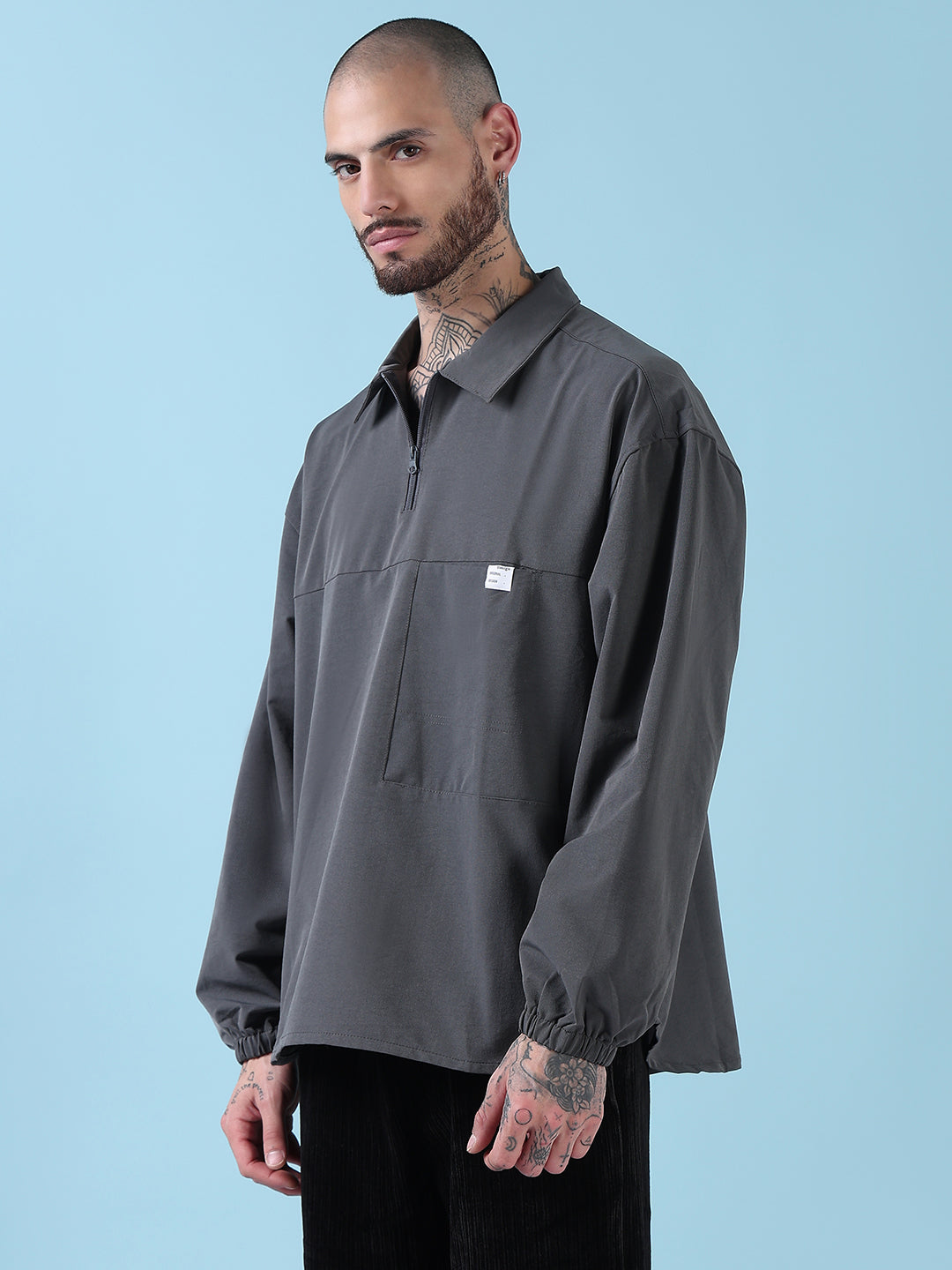 Men's Spread Collar Grey Solid Half Zipper Jacket