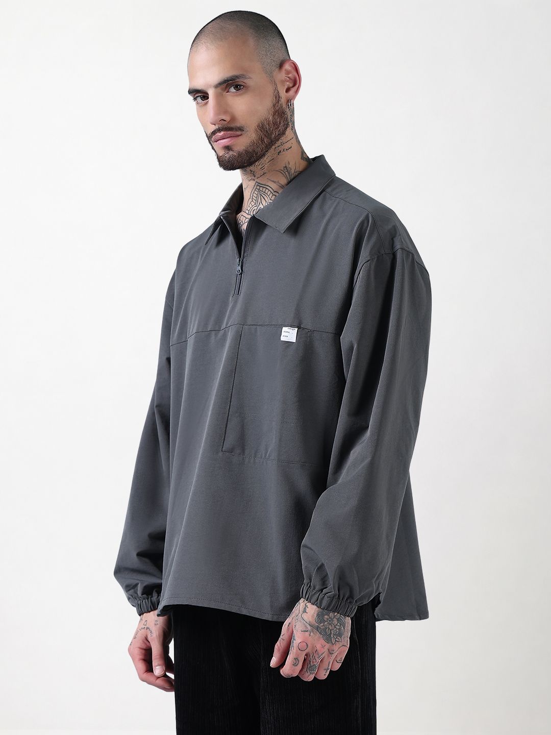 Men's Spread Collar Grey Solid Half Zipper Jacket