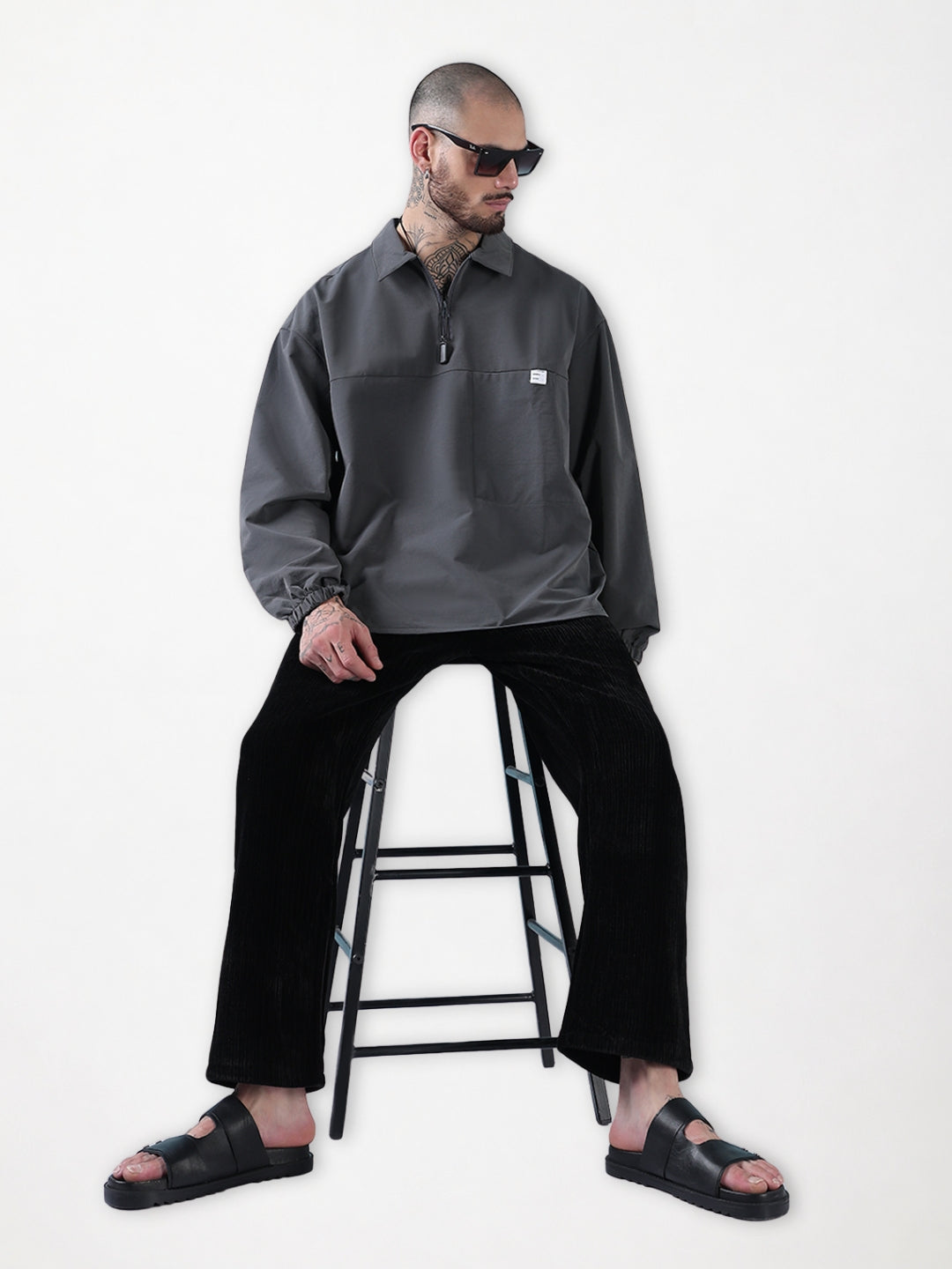 Men's Spread Collar Grey Solid Half Zipper Jacket