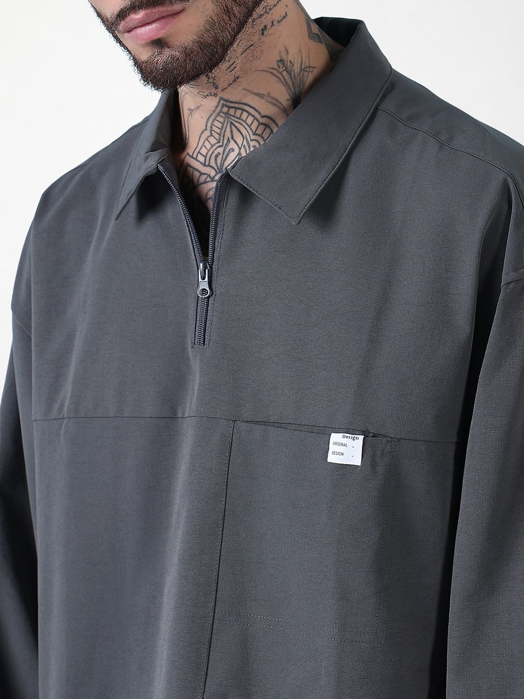 Men's Spread Collar Grey Solid Half Zipper Jacket