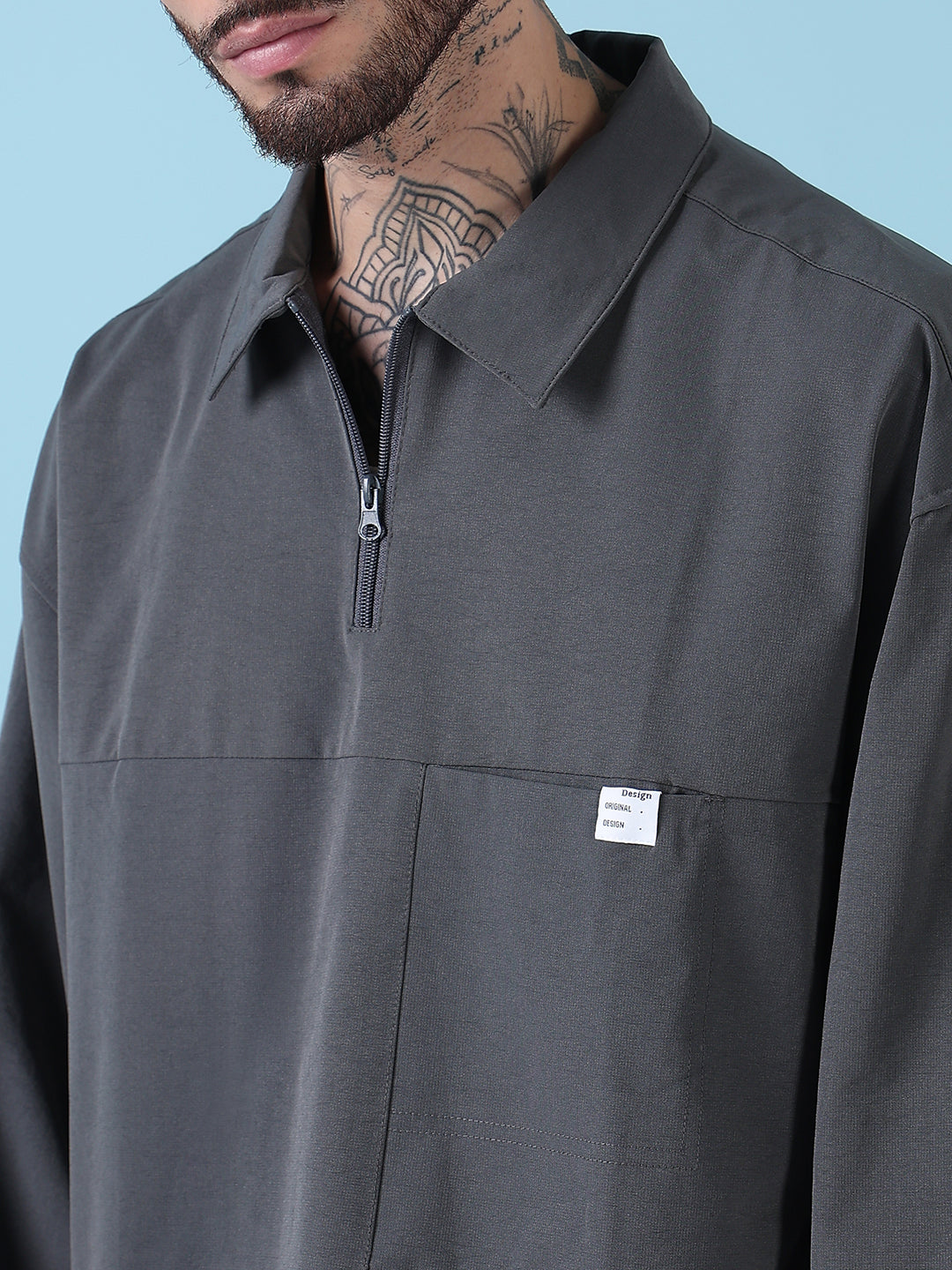 Men's Spread Collar Grey Solid Half Zipper Jacket