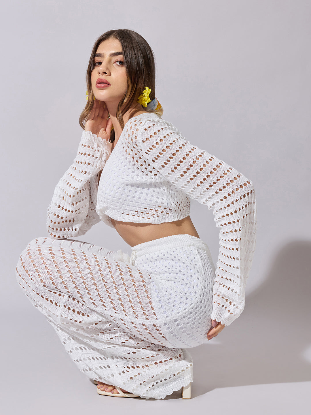 Women's Crochet White Crop Top & Maxi Skirt Co-Ord Set