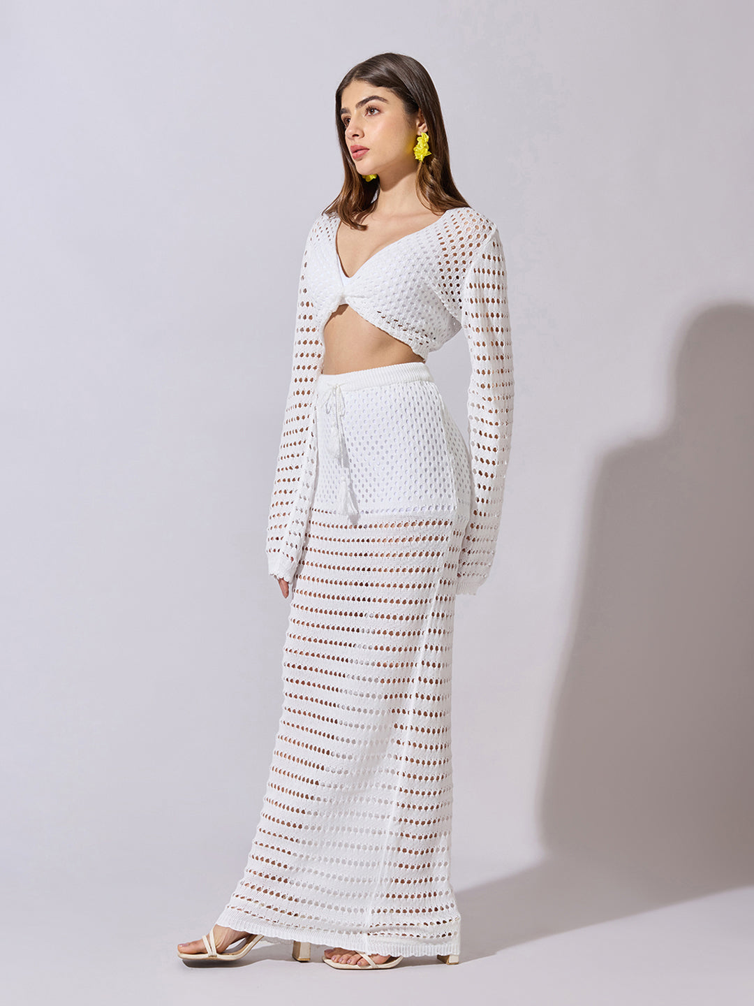 Women's Crochet White Crop Top & Maxi Skirt Co-Ord Set