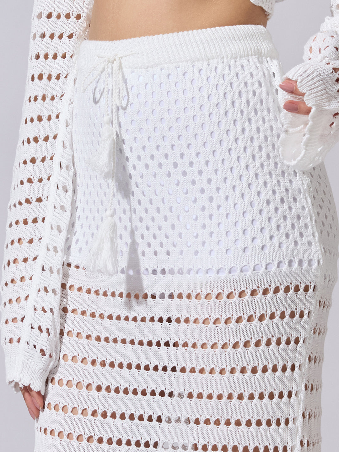 Women's Crochet White Crop Top & Maxi Skirt Co-Ord Set