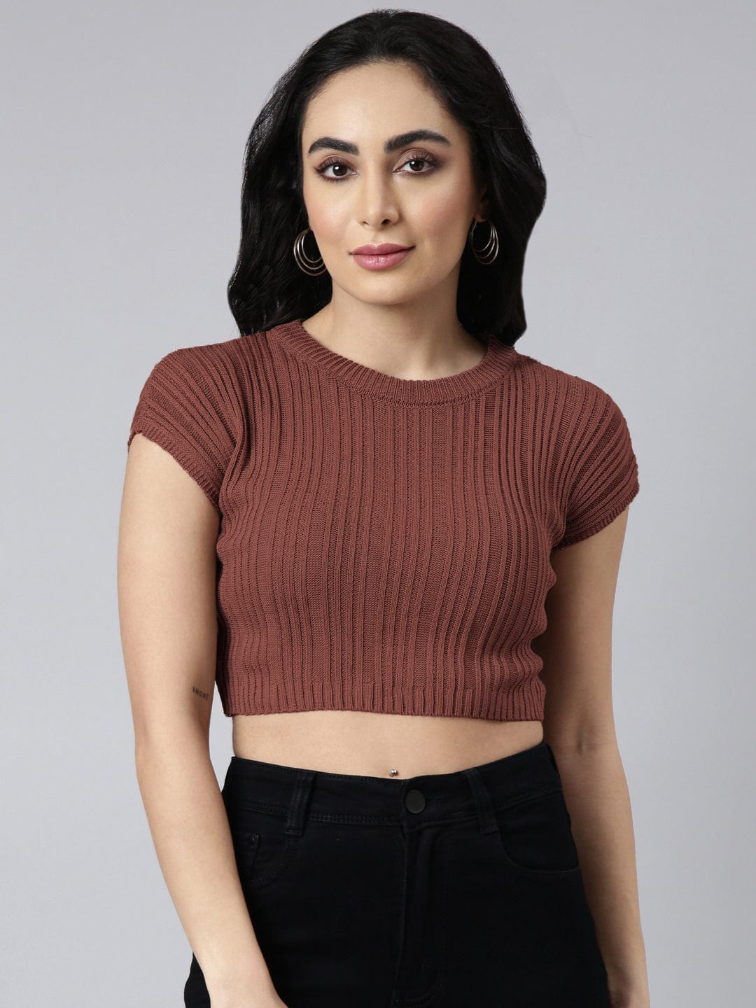 Women's Mauve Round Neck Fitted Crop Top
