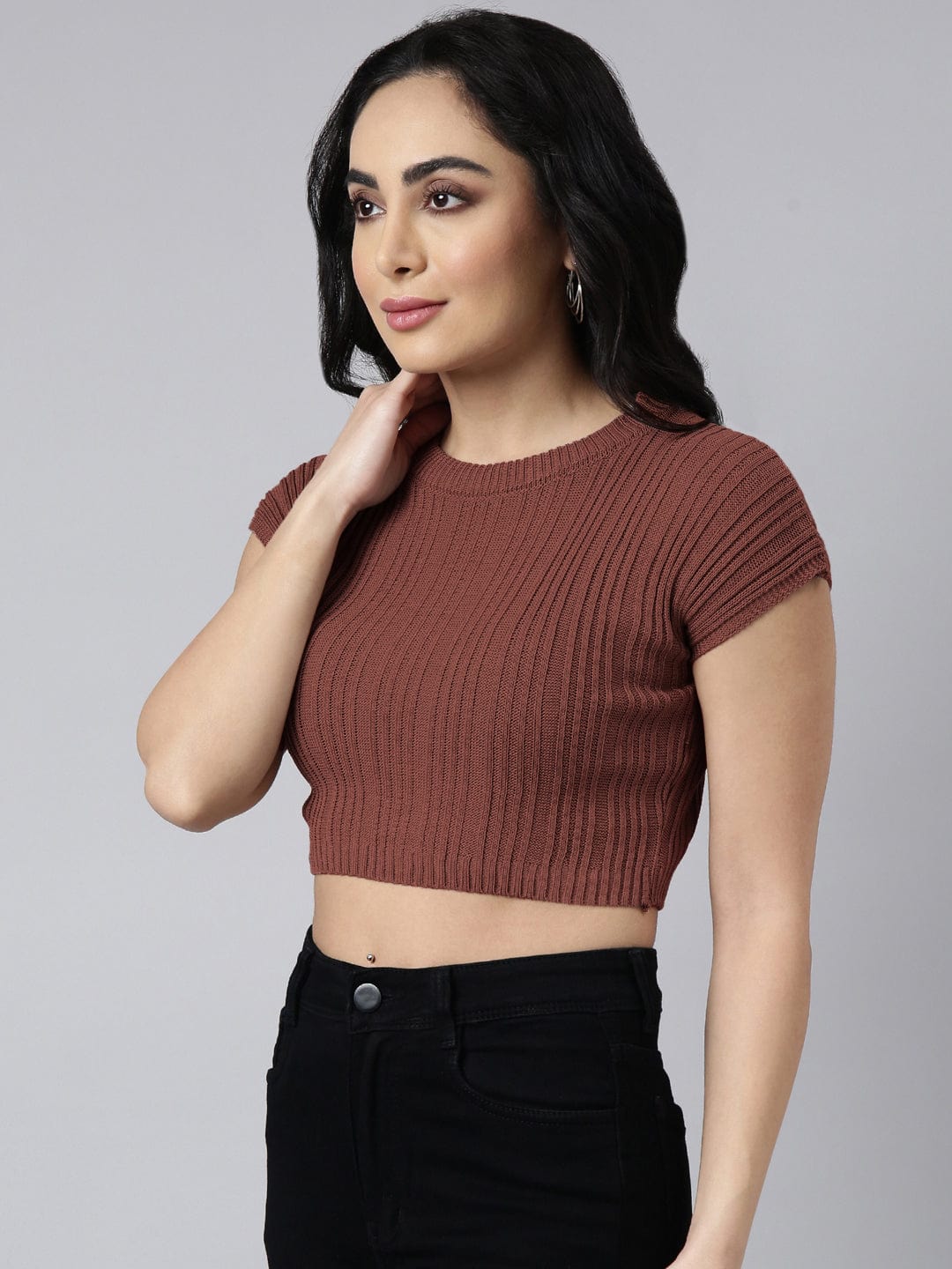 Women's Mauve Round Neck Fitted Crop Top
