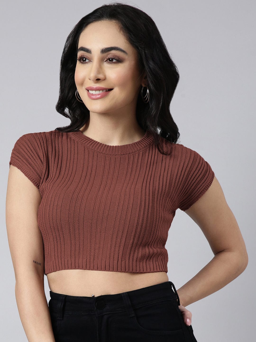 Women's Mauve Round Neck Fitted Crop Top