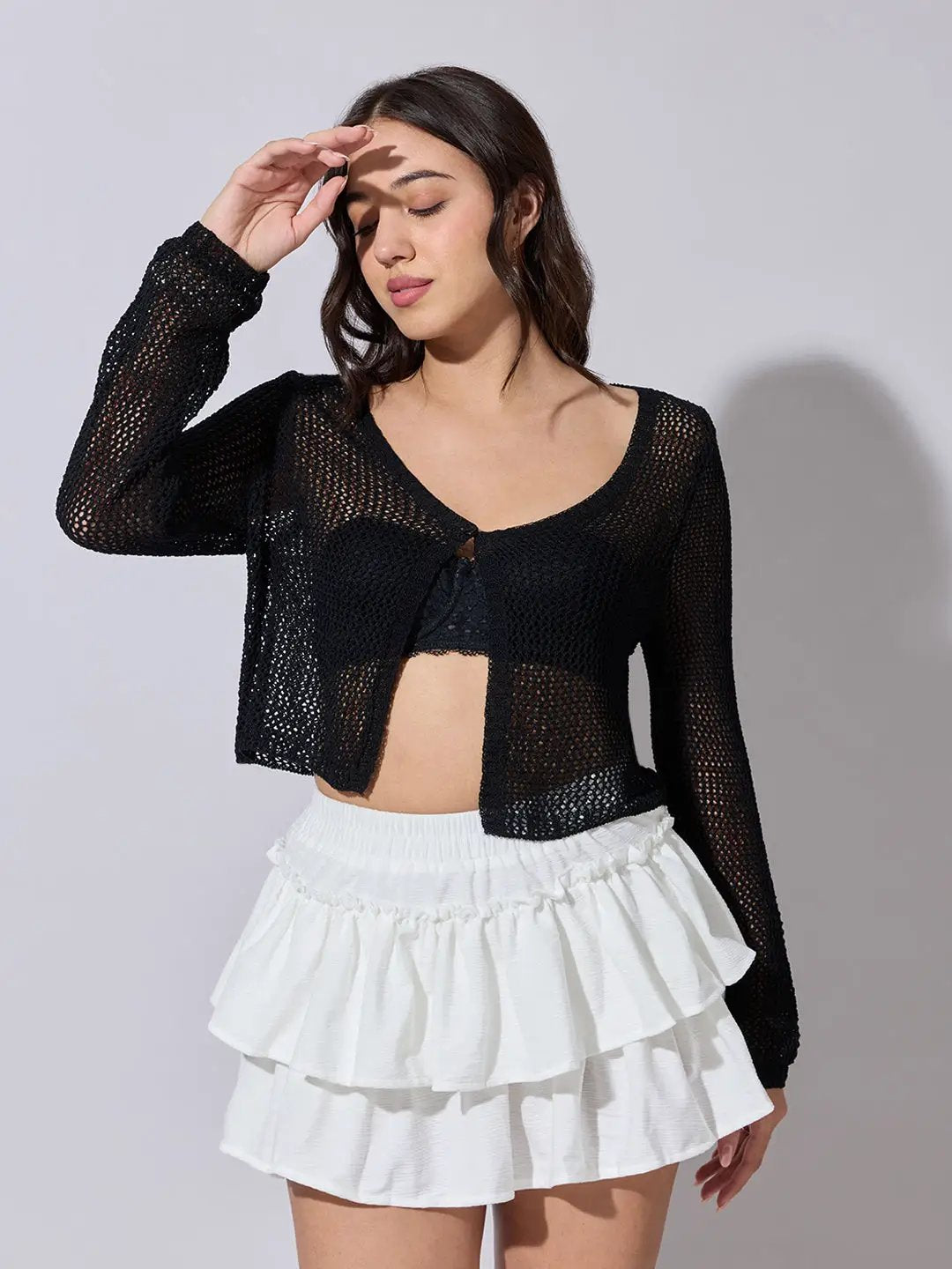 Women's Black Crochet Knit Top with Button Detail