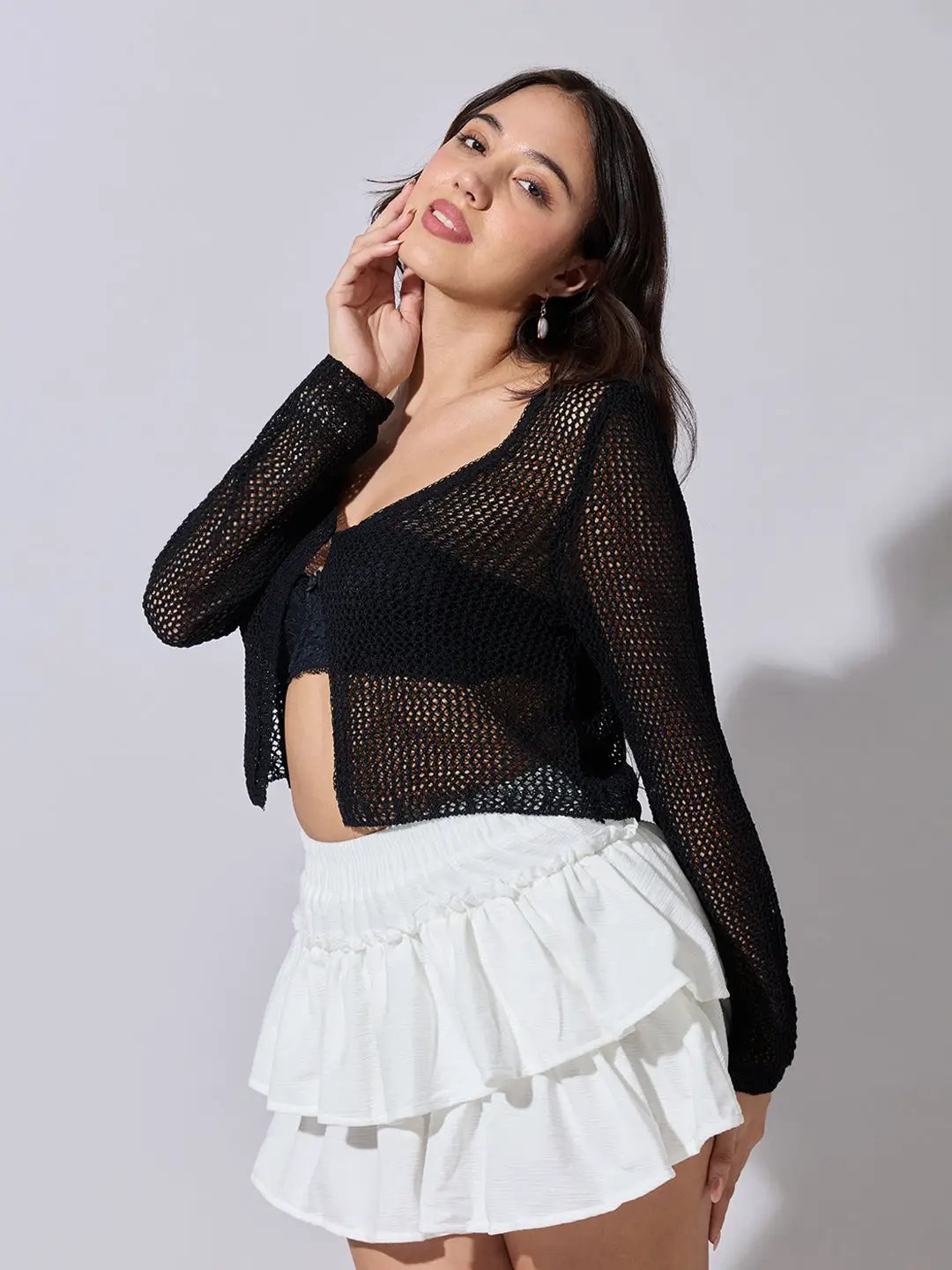 Women's Black Crochet Knit Top with Button Detail - from SHOWOFFFF