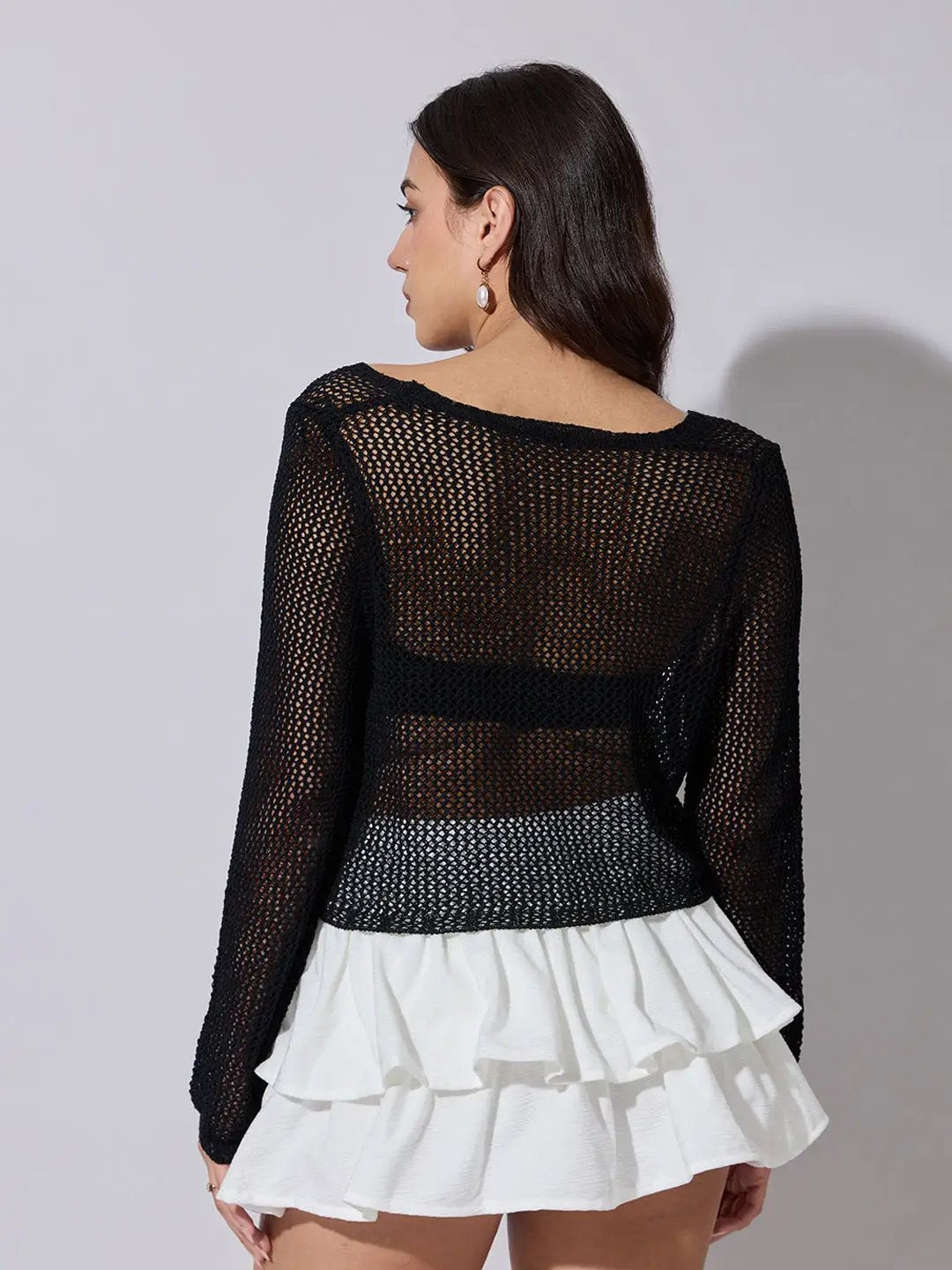 Women's Black Crochet Knit Top with Button Detail - from SHOWOFFFF