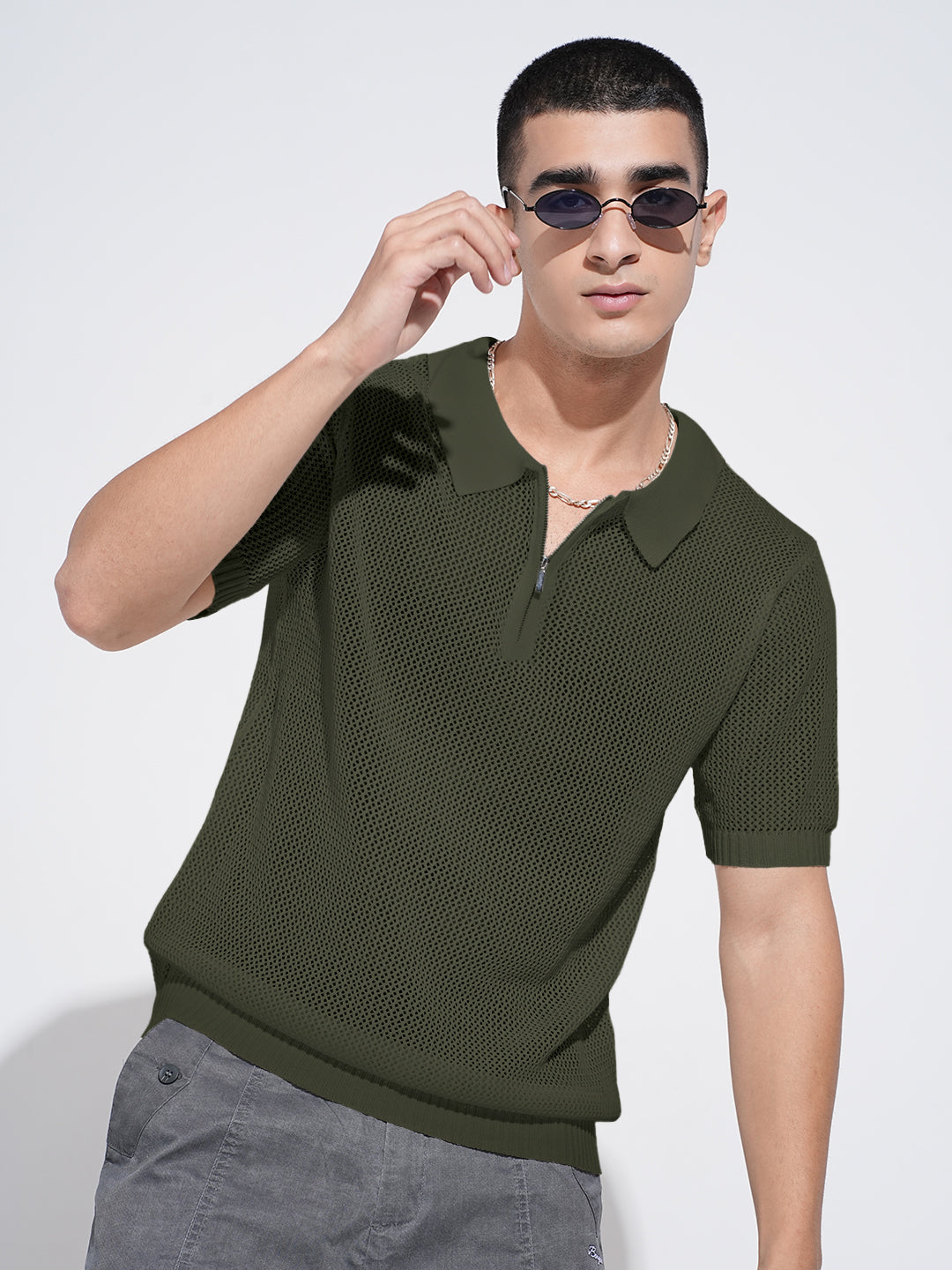 Men’s Textured Green Short Sleeve Semi Sheer Polo T-Shirt with Zipper  Detail