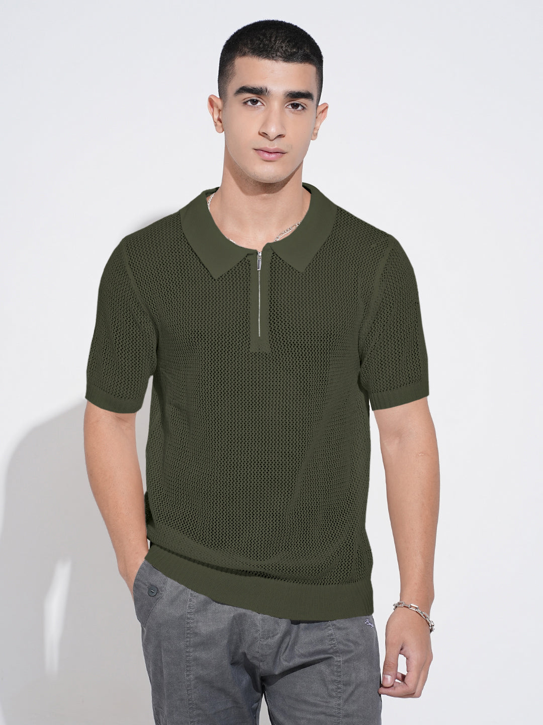 Men’s Textured Green Short Sleeve Semi Sheer Polo T-Shirt with Zipper  Detail