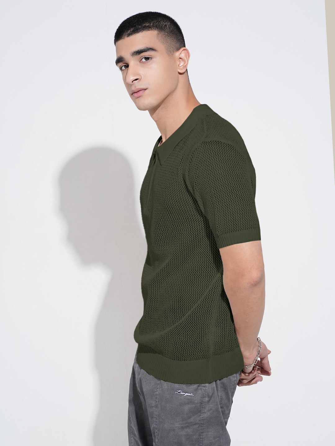 Men’s Textured Green Short Sleeve Semi Sheer Polo T-Shirt with Zipper  Detail