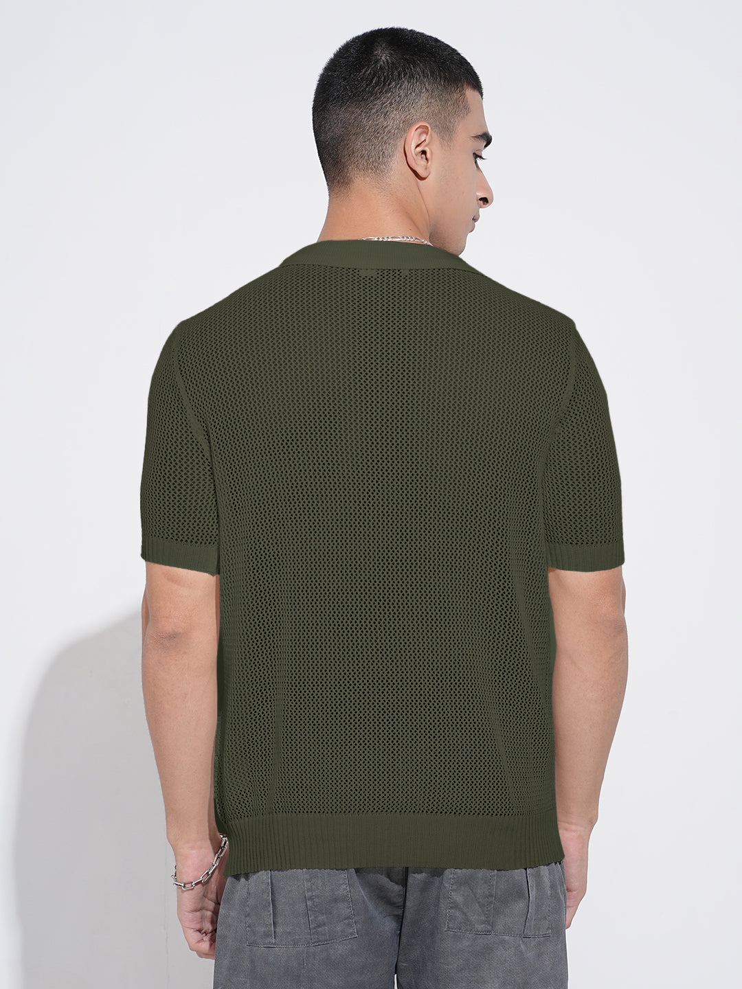 Men’s Textured Green Short Sleeve Semi Sheer Polo T-Shirt with Zipper  Detail