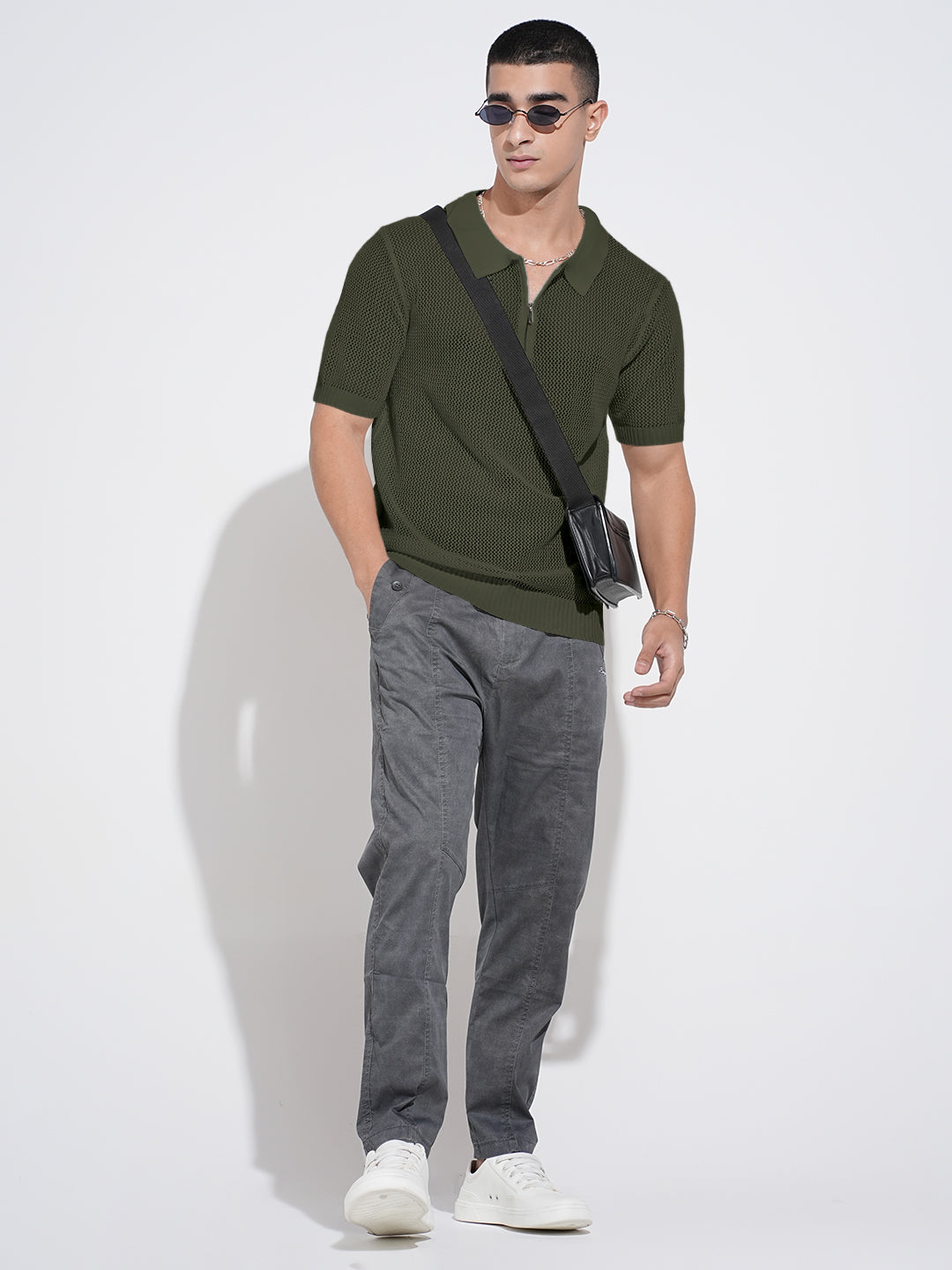 Men’s Textured Green Short Sleeve Semi Sheer Polo T-Shirt with Zipper  Detail