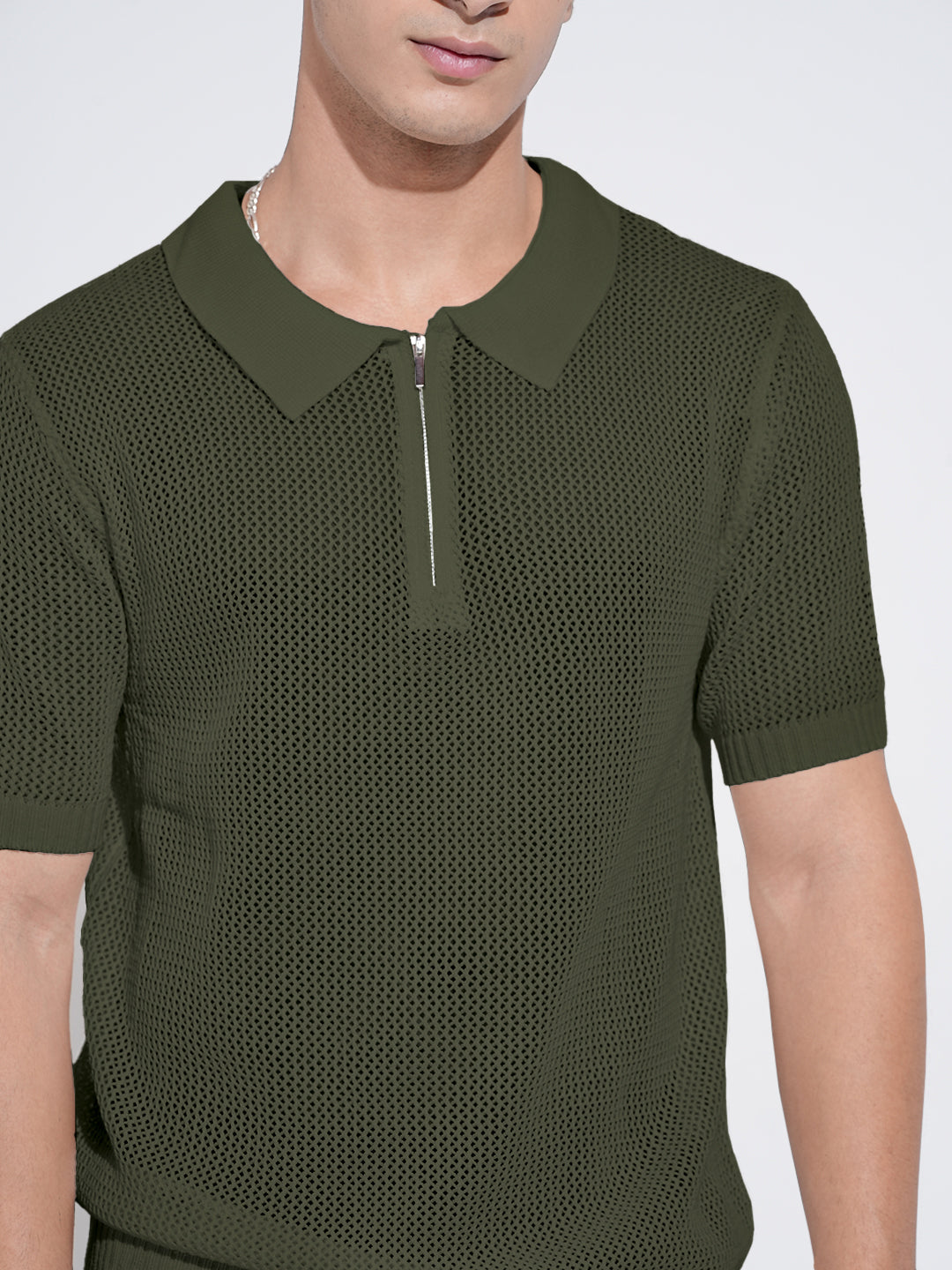 Men’s Textured Green Short Sleeve Semi Sheer Polo T-Shirt with Zipper  Detail