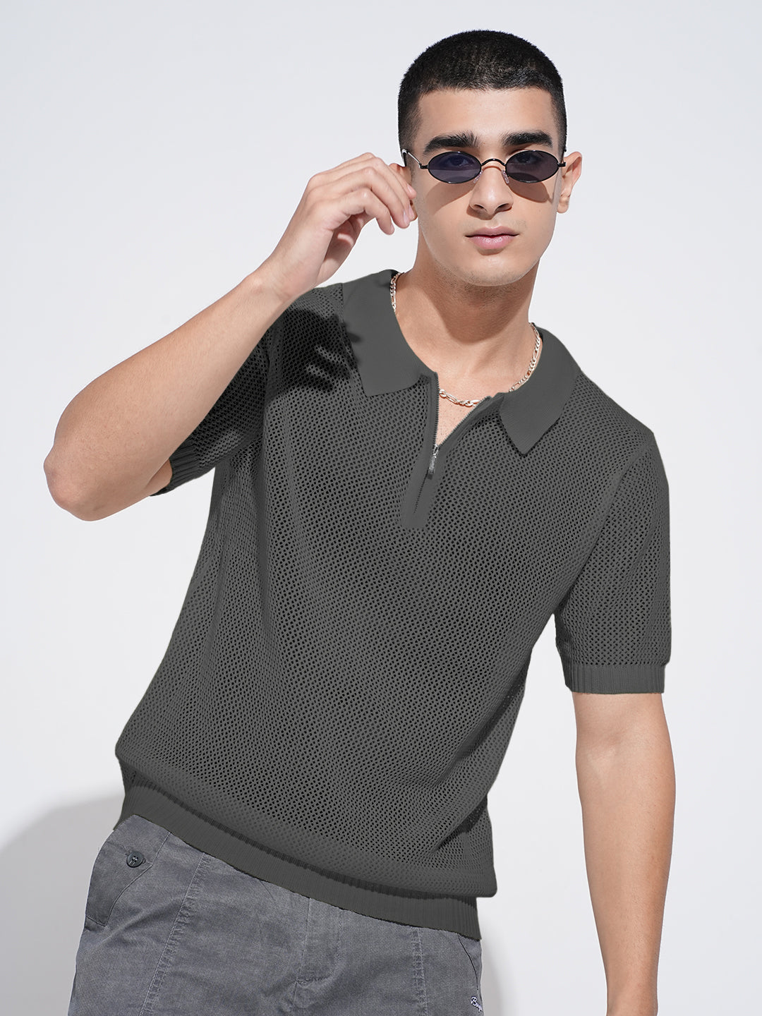 Men’s Textured Grey Short Sleeve Semi Sheer Polo T-Shirt with Zipper  Detail