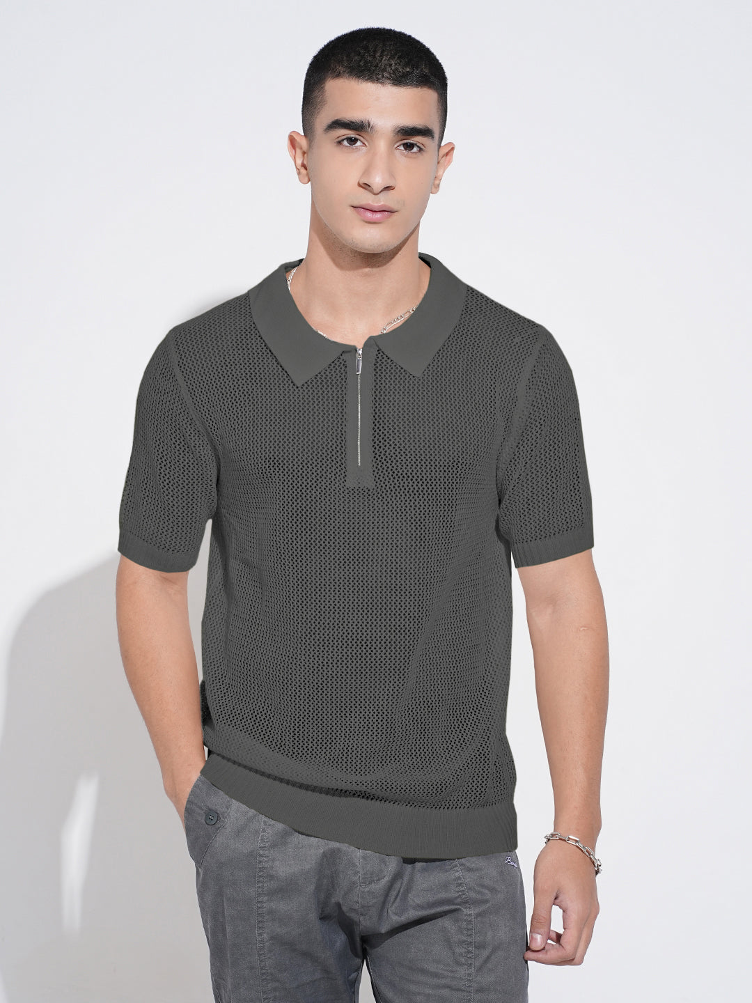 Men’s Textured Grey Short Sleeve Semi Sheer Polo T-Shirt with Zipper  Detail