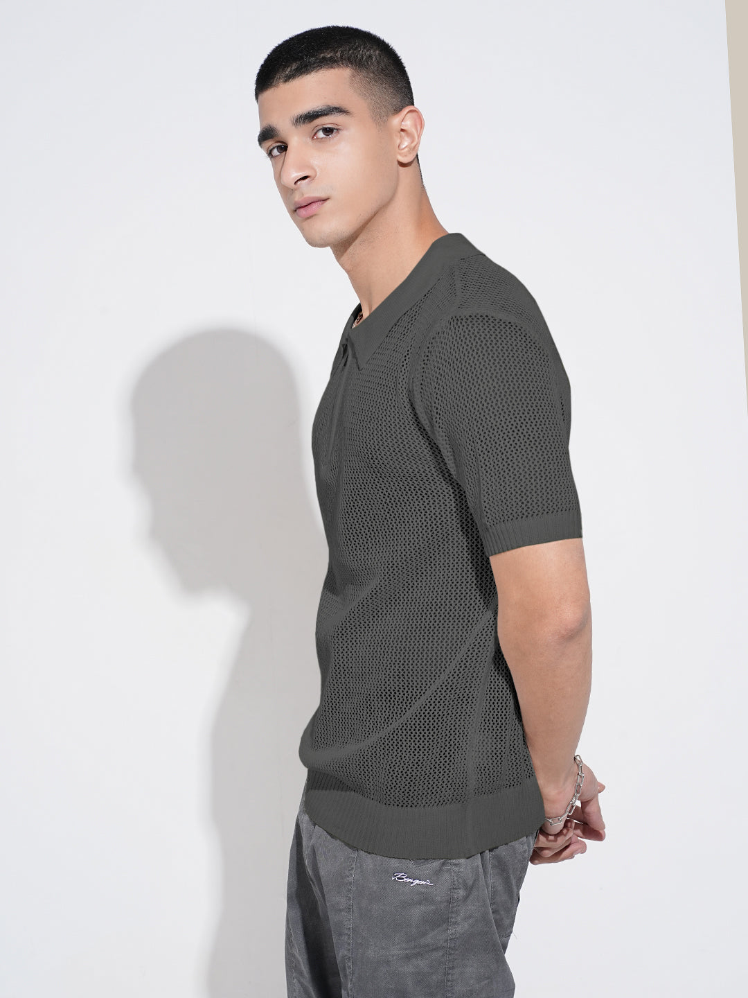 Men’s Textured Grey Short Sleeve Semi Sheer Polo T-Shirt with Zipper  Detail