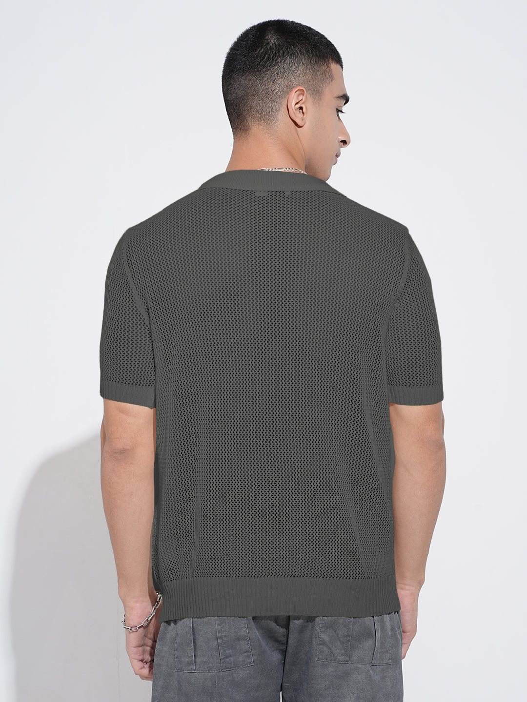Men’s Textured Grey Short Sleeve Semi Sheer Polo T-Shirt with Zipper  Detail