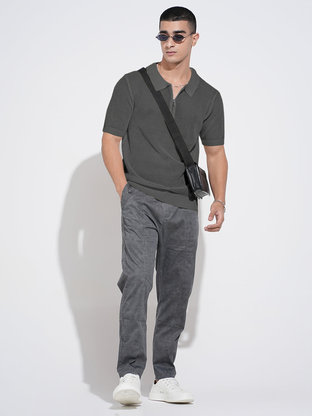 Men’s Textured Grey Short Sleeve Semi Sheer Polo T-Shirt with Zipper  Detail
