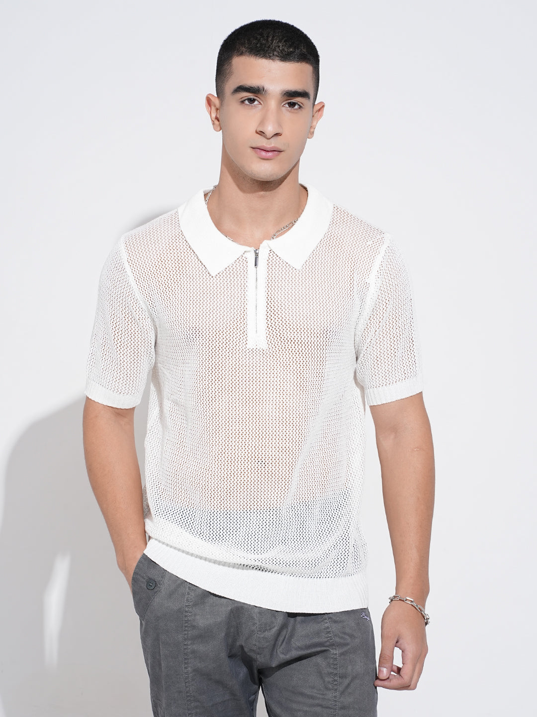 Men’s Textured White Short Sleeve Semi Sheer Polo T-Shirt with Zipper Detail