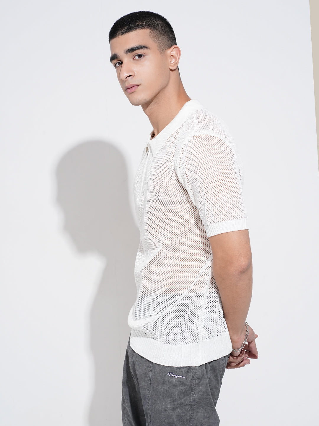 Men’s Textured White Short Sleeve Semi Sheer Polo T-Shirt with Zipper Detail