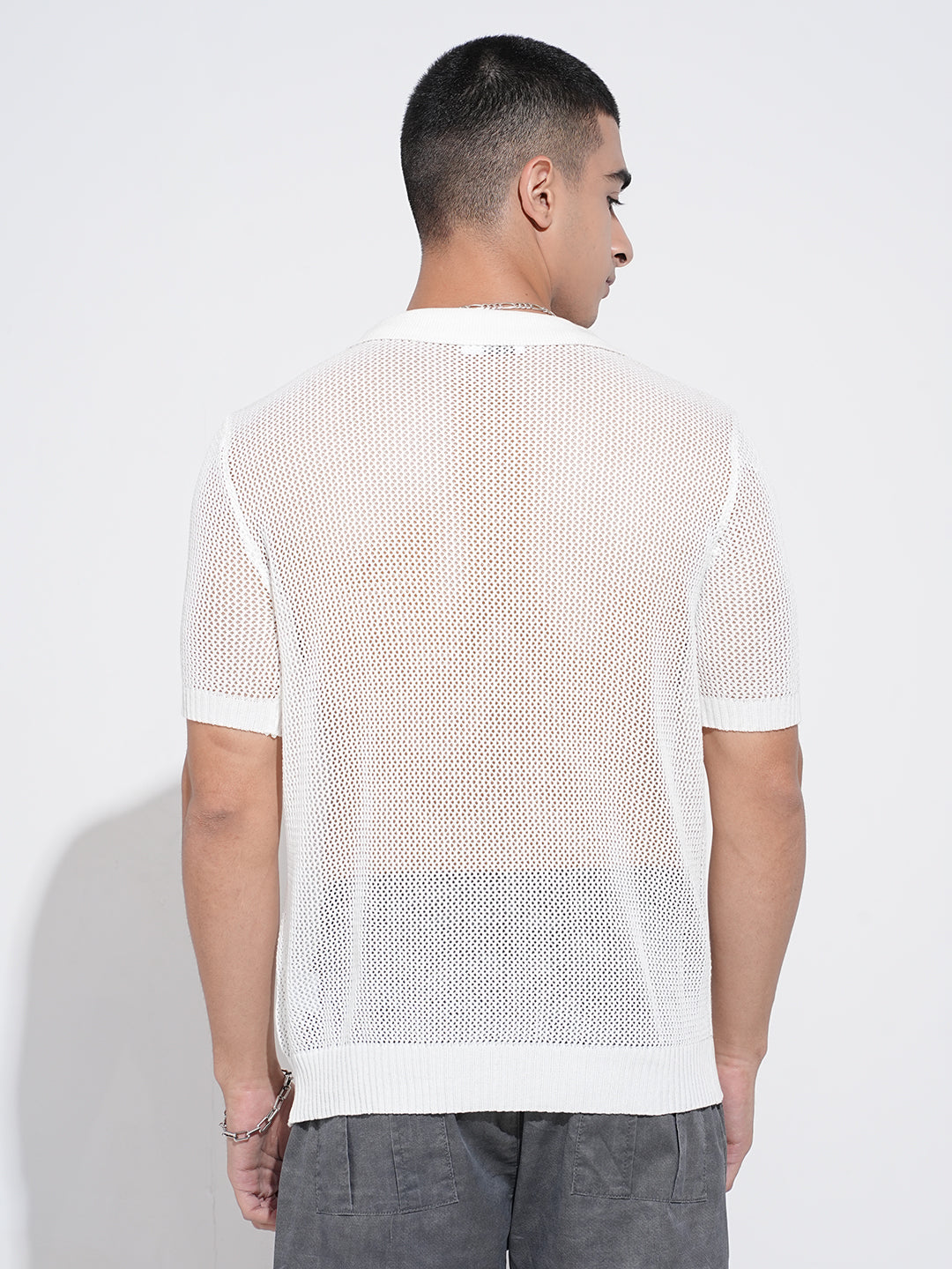 Men’s Textured White Short Sleeve Semi Sheer Polo T-Shirt with Zipper Detail