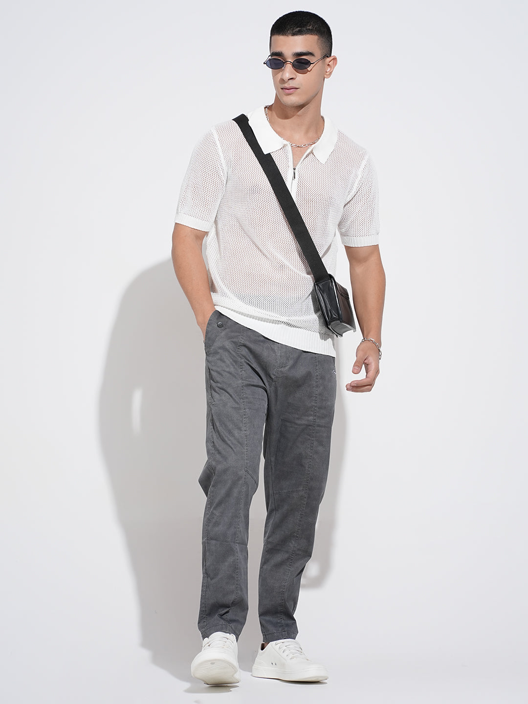 Men’s Textured White Short Sleeve Semi Sheer Polo T-Shirt with Zipper Detail