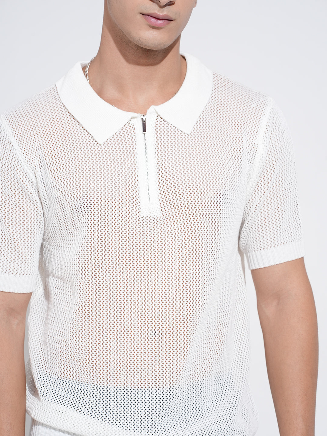 Men’s Textured White Short Sleeve Semi Sheer Polo T-Shirt with Zipper Detail