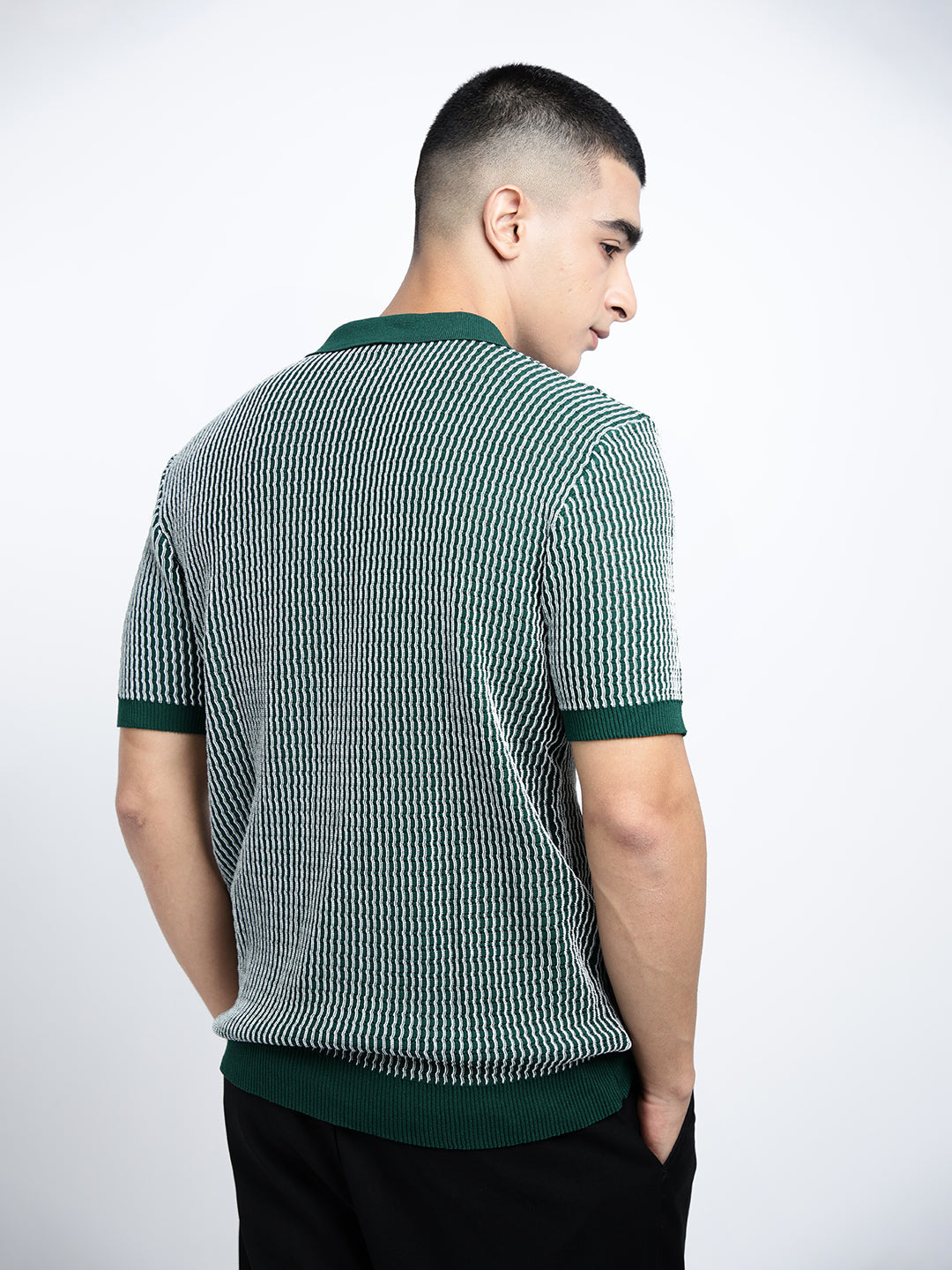 Men's Textured  Green Short Sleeves Polo Collar Regular Fit T-Shirt with Zip Details