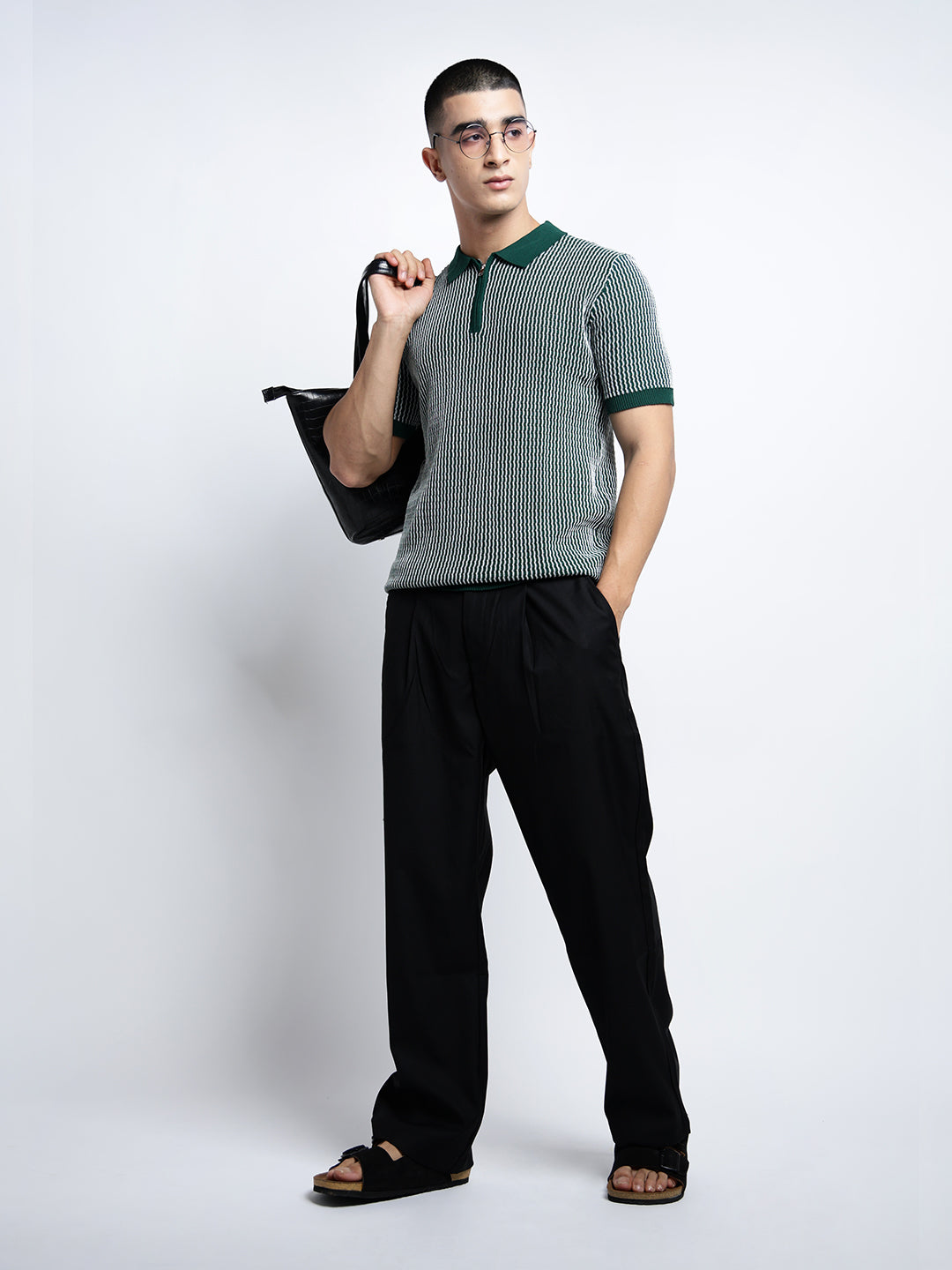 Men's Textured  Green Short Sleeves Polo Collar Regular Fit T-Shirt with Zip Details