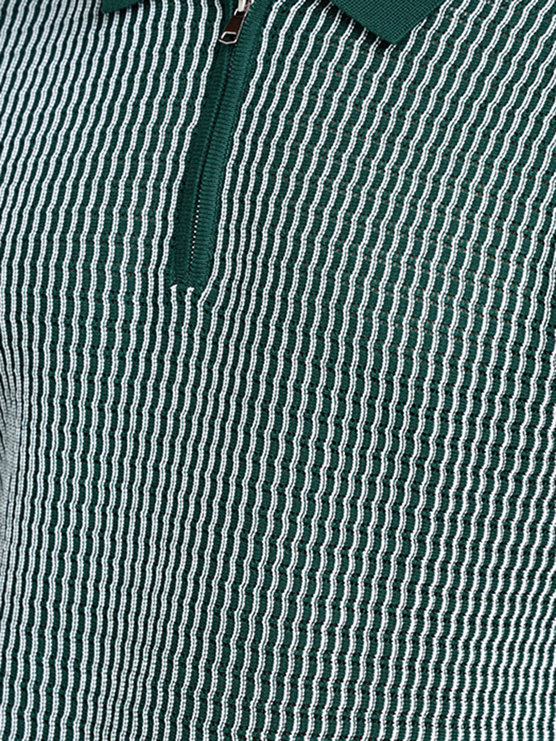 Men's Textured  Green Short Sleeves Polo Collar Regular Fit T-Shirt with Zip Details