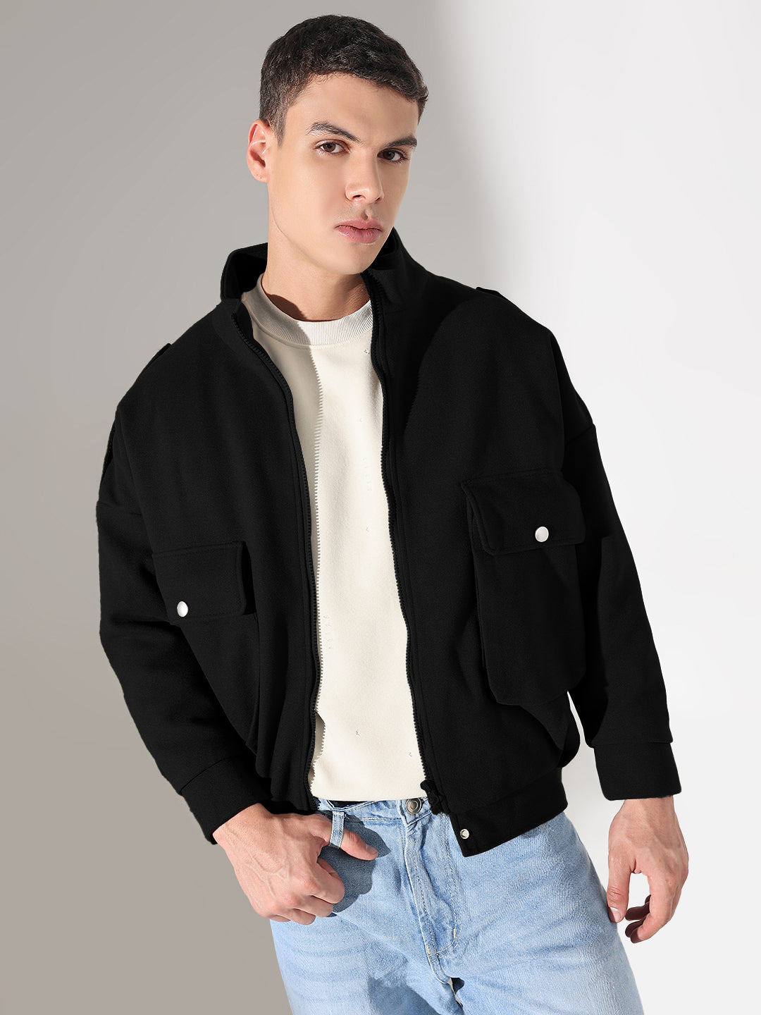 Men's Solid Black Fleece Jacket with Oversized Pockets
