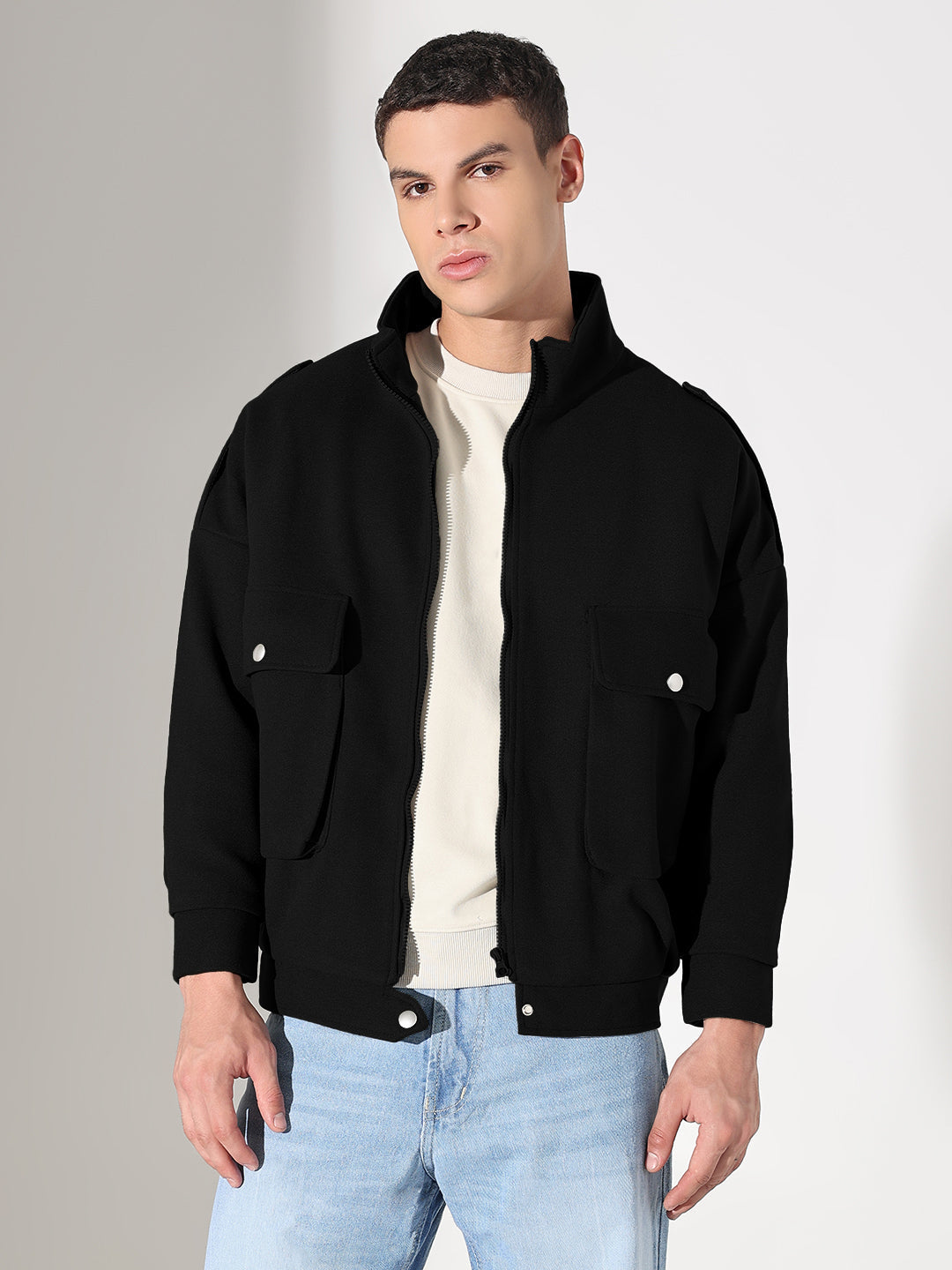 Men's Solid Black Fleece Jacket with Oversized Pockets