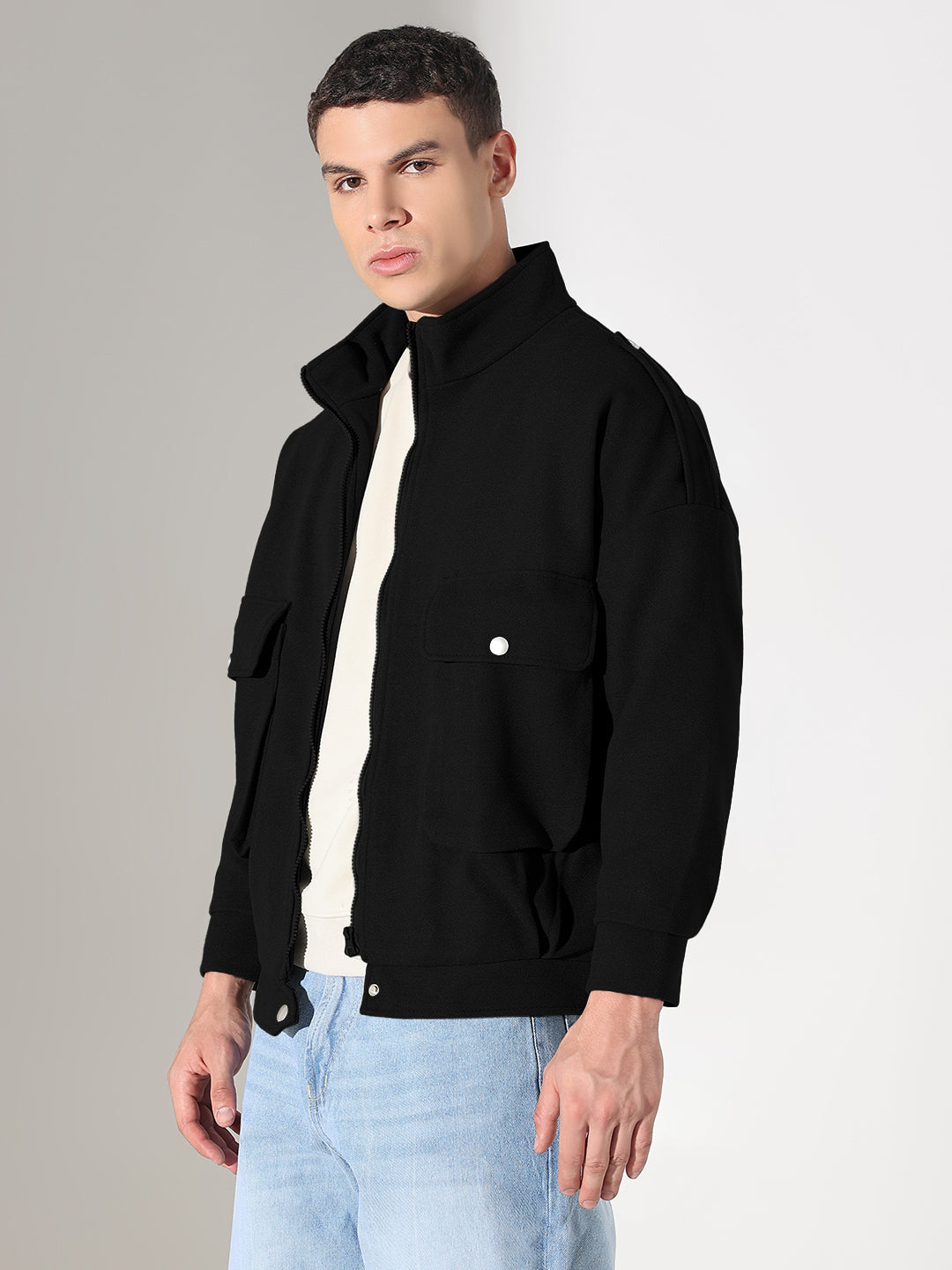 Men's Solid Black Fleece Jacket with Oversized Pockets