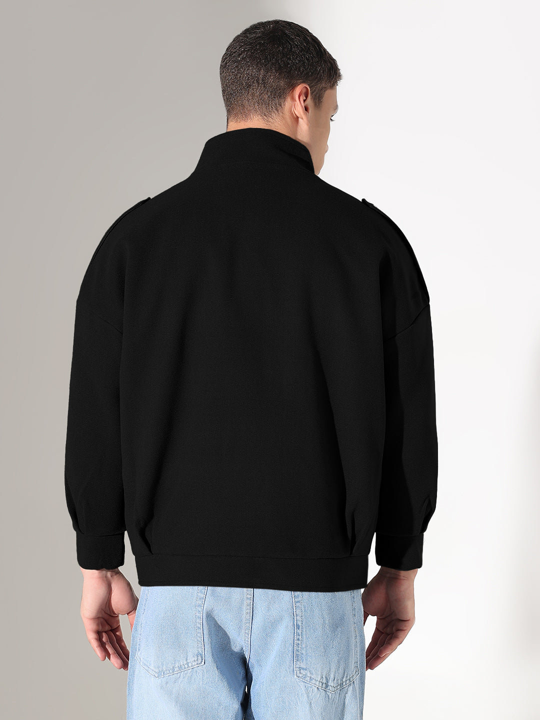 Men's Solid Black Fleece Jacket with Oversized Pockets