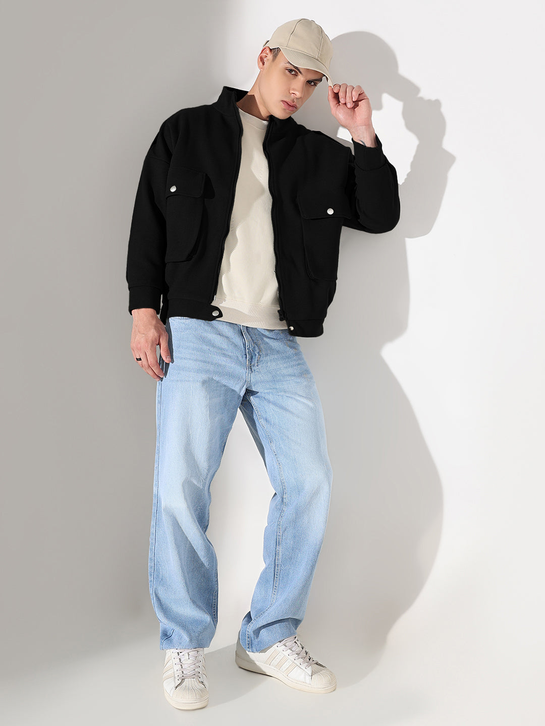 Men's Solid Black Fleece Jacket with Oversized Pockets