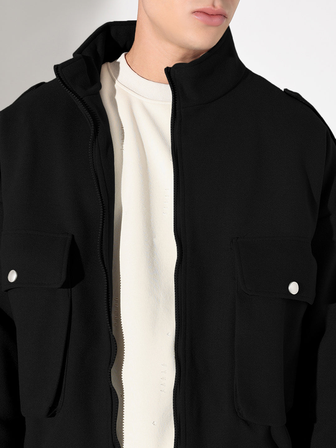 Men's Solid Black Fleece Jacket with Oversized Pockets