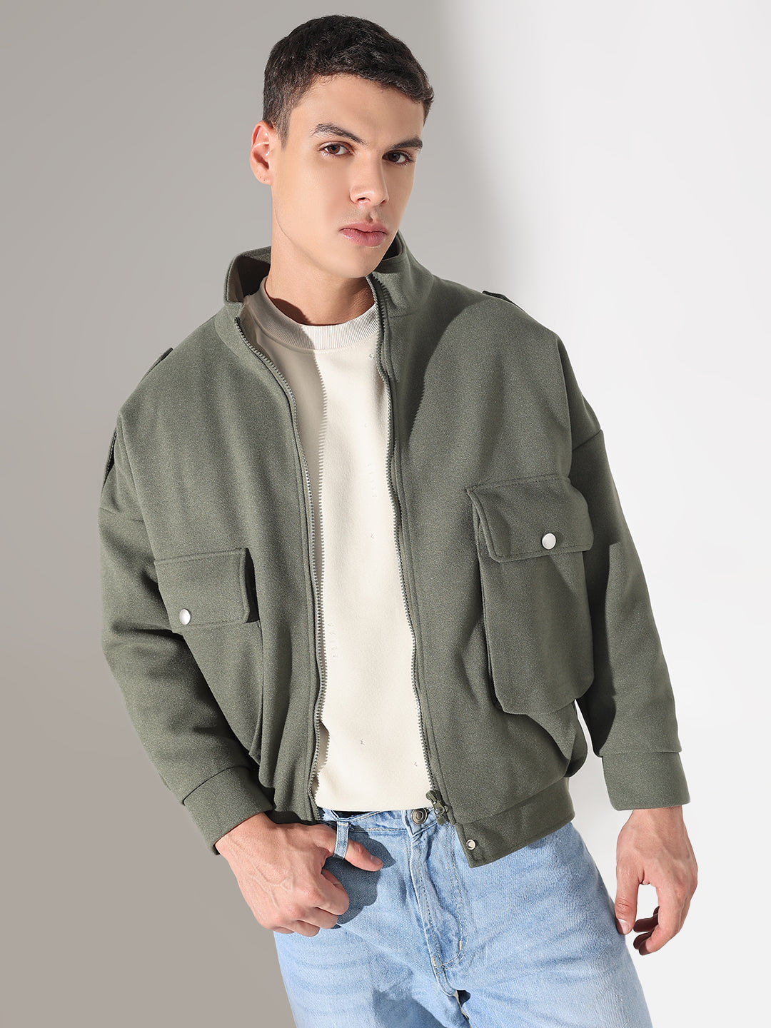 Men's Solid Green Fleece Jacket with Oversized Pockets
