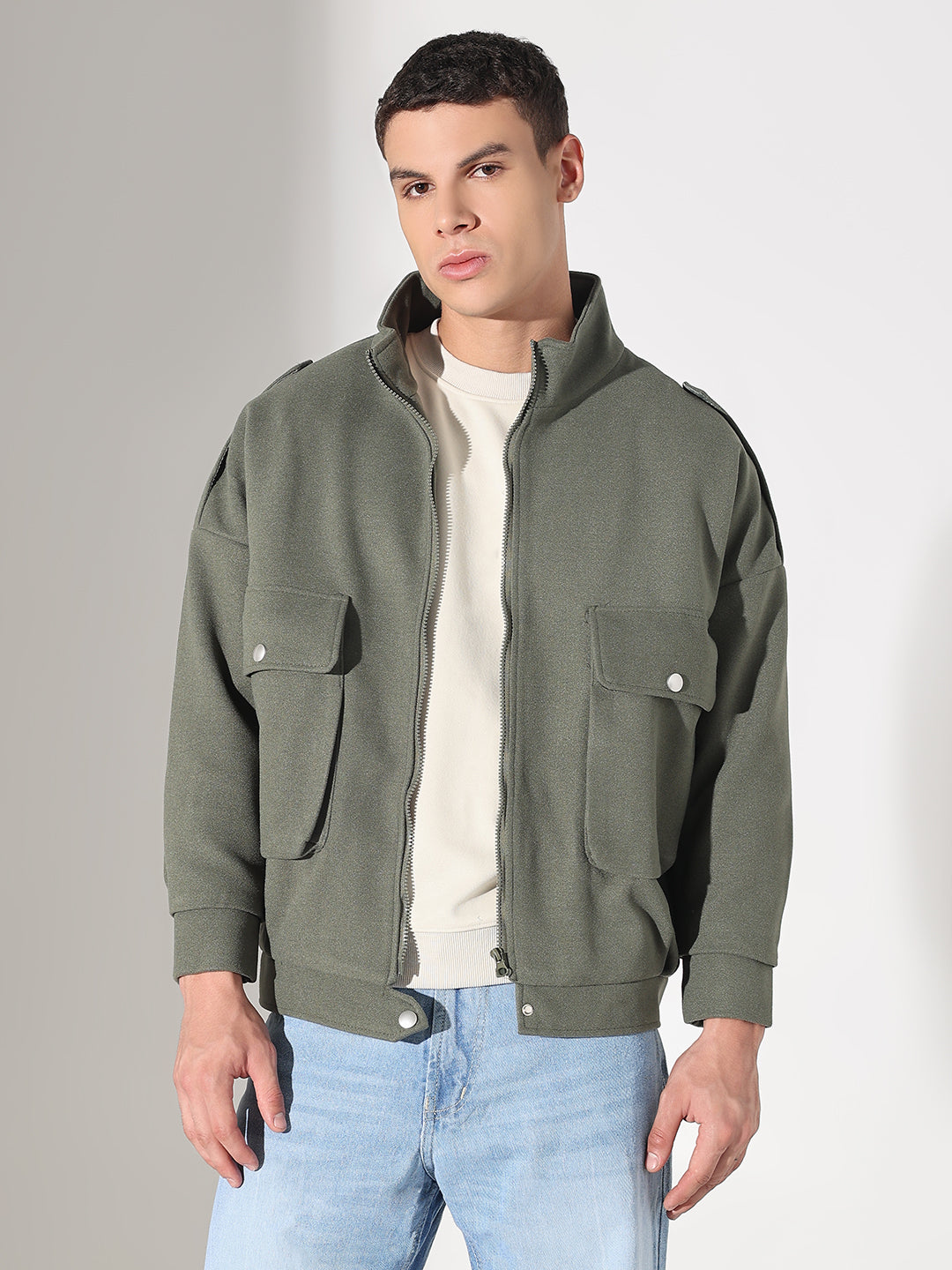 Men's Solid Green Fleece Jacket with Oversized Pockets