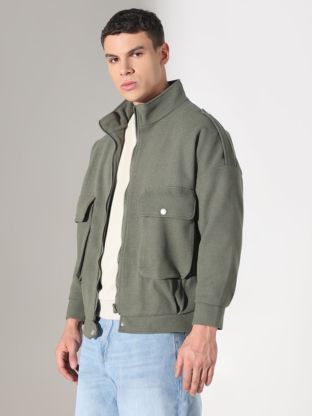 Men's Solid Green Fleece Jacket with Oversized Pockets